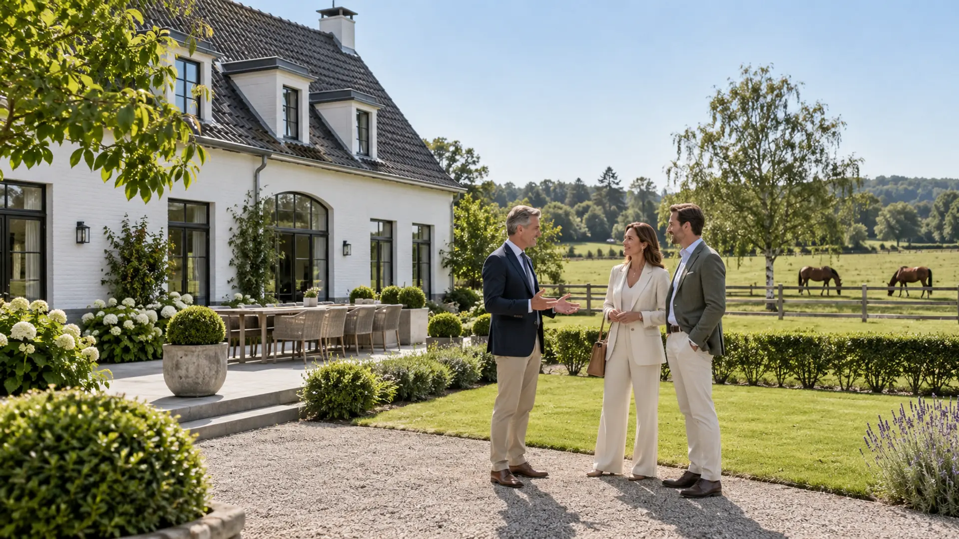 Sfeerbeeld: persoonlijke kennismaking en gesprek bij een landelijke villa