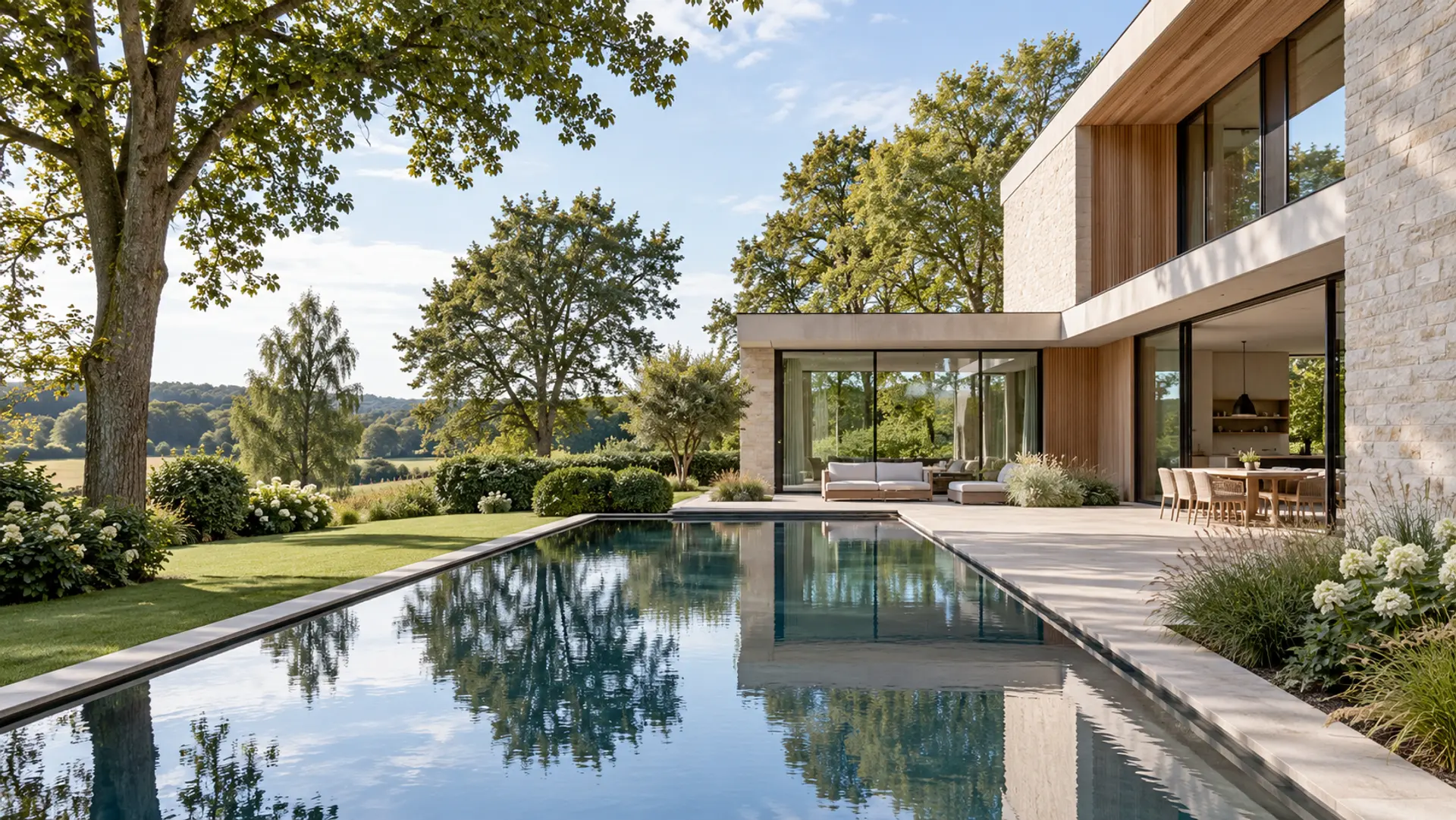 Sfeerbeeld: moderne villa met tuin en waterpartij