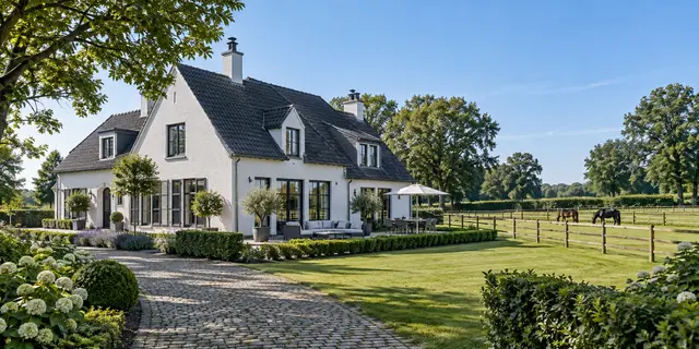 Sfeerbeeld van een witte villa met ruime tuin