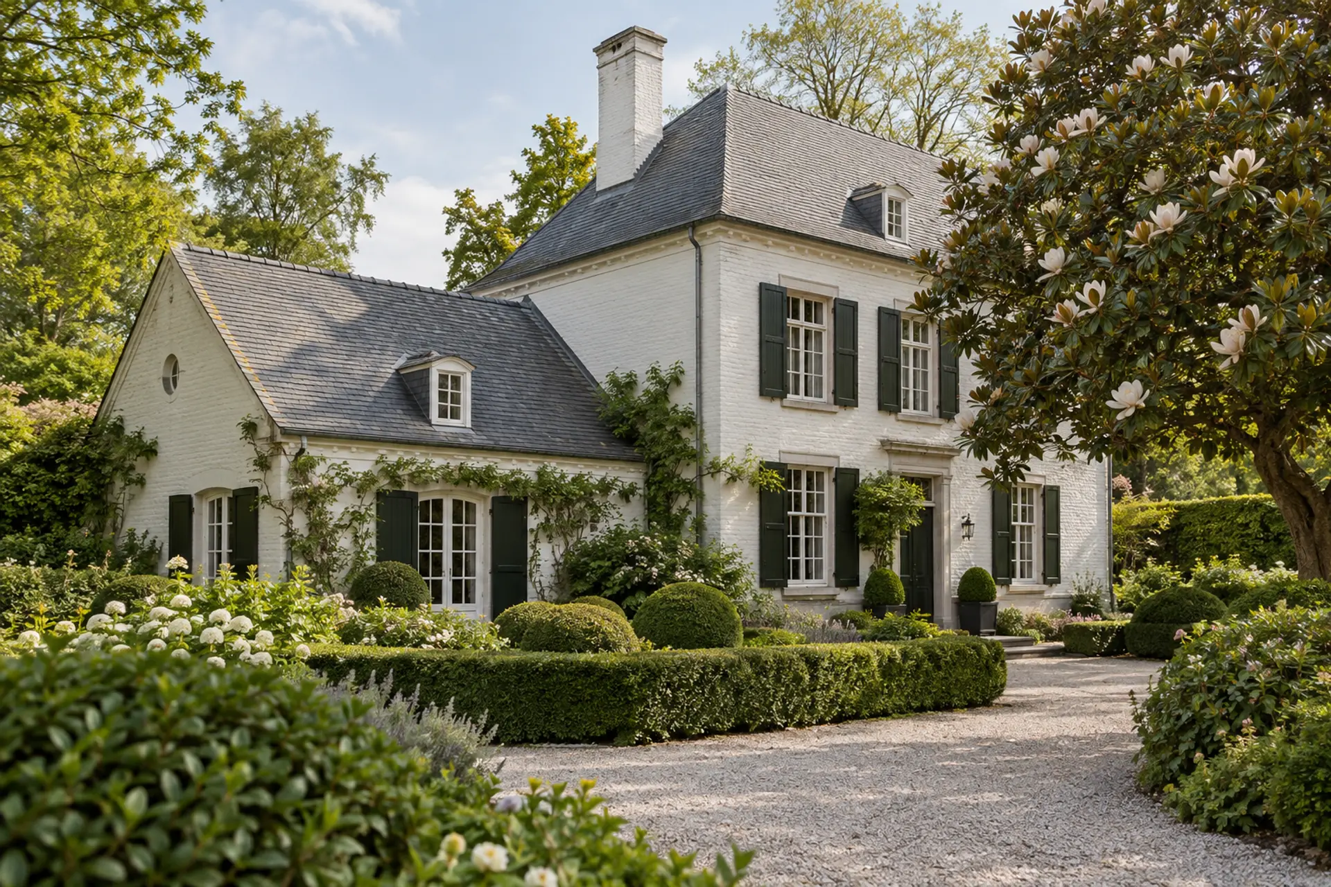 Sfeerbeeld: wit landhuis met leien dak en besloten tuin