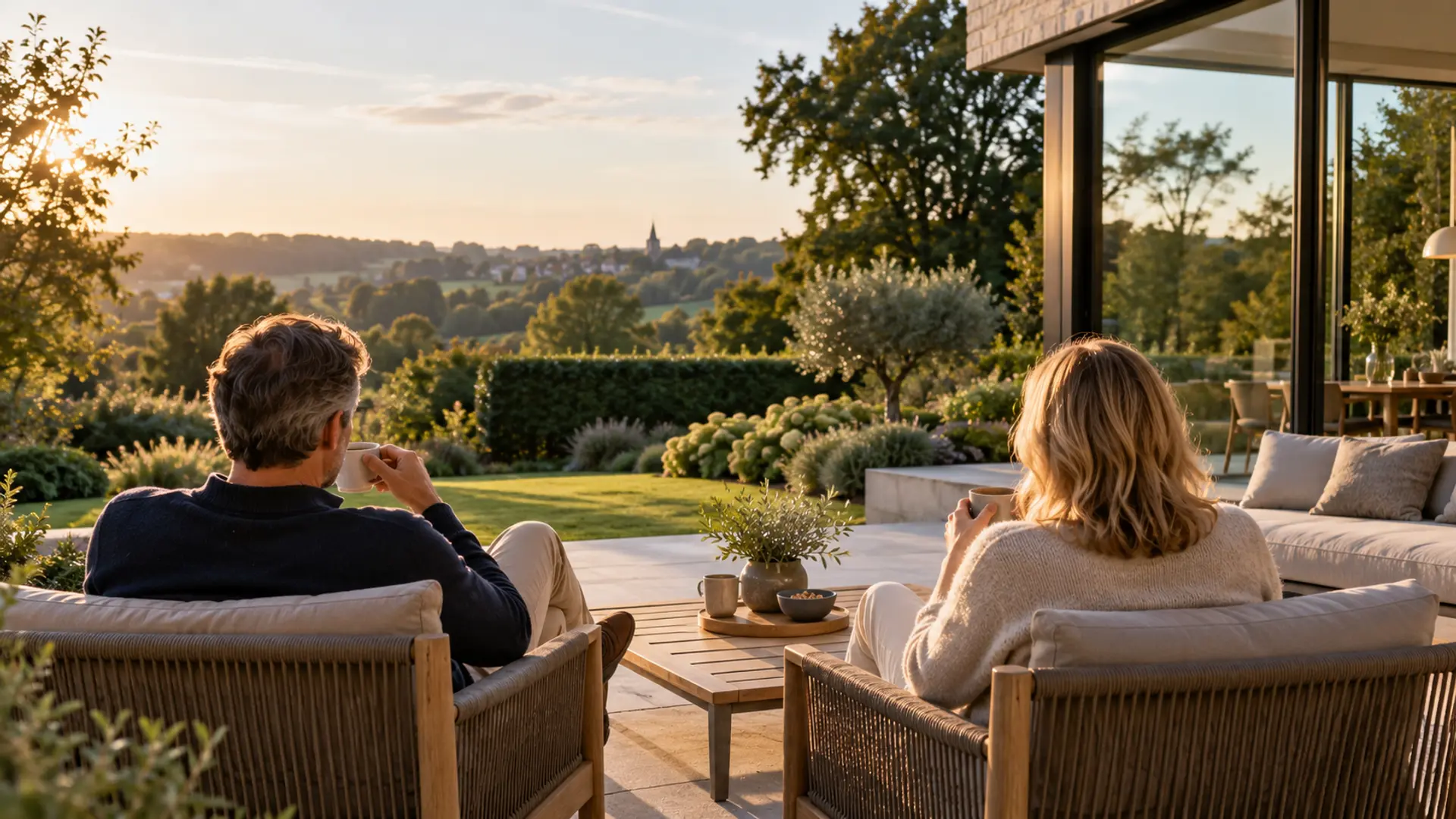 Sfeerbeeld: koppel geniet op een terras van de tuin