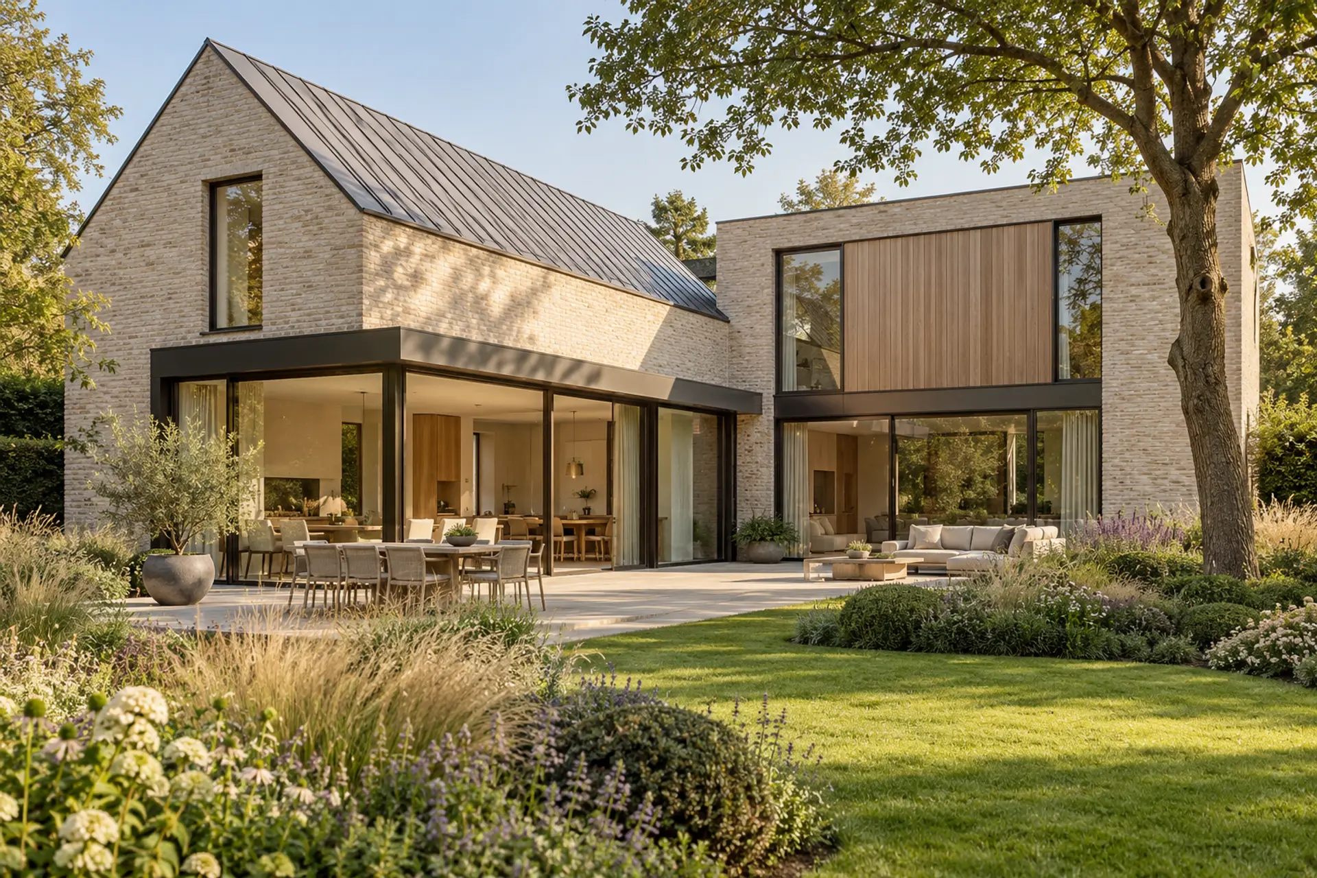Sfeerbeeld: hedendaagse Belgische villa in natuursteen en hout