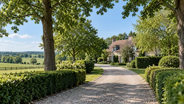 Sfeerbeeld van een landhuis met groene oprijlaan