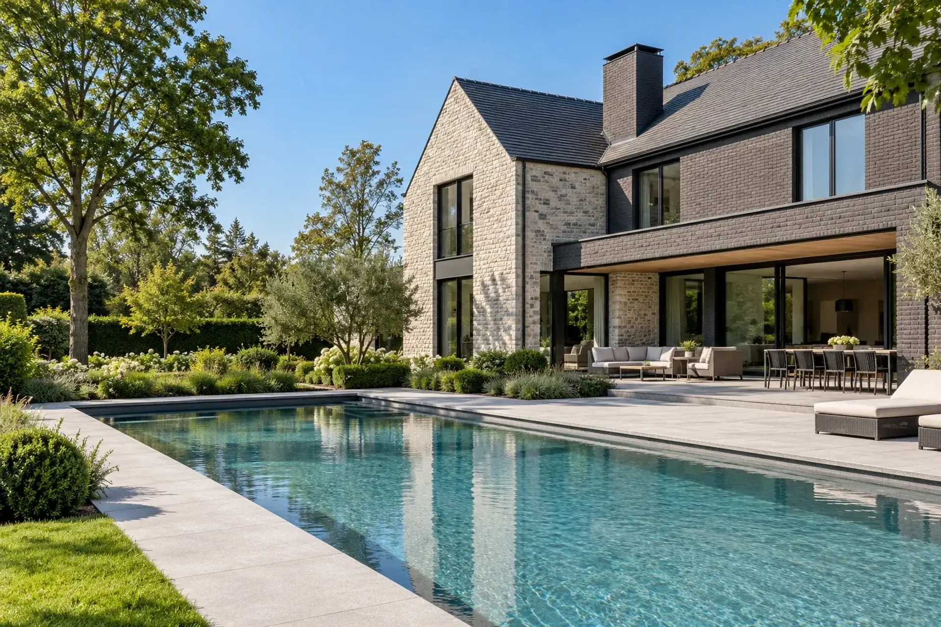 Villa met elegant zwembad in groene tuin, illustratief sfeerbeeld