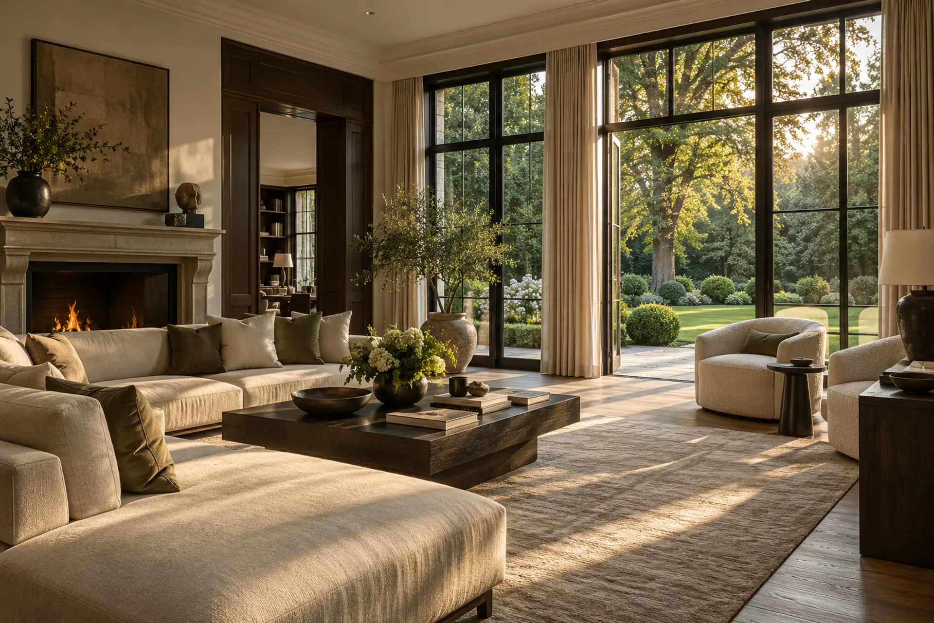 Privéwoonkamer van een villa met zicht op de tuin