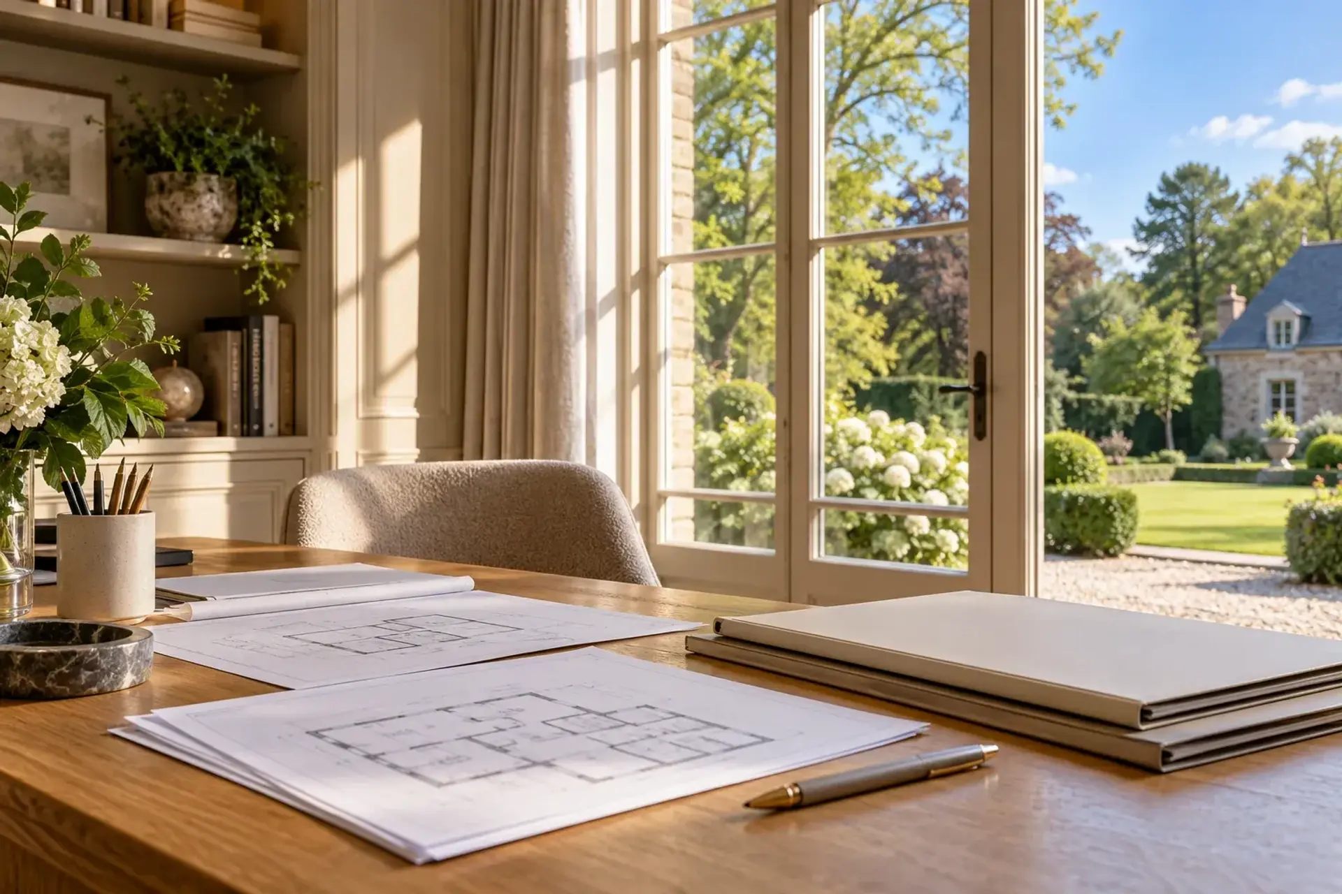 Verzorgd villa-interieur met verkoopdossier op tafel, illustratief sfeerbeeld