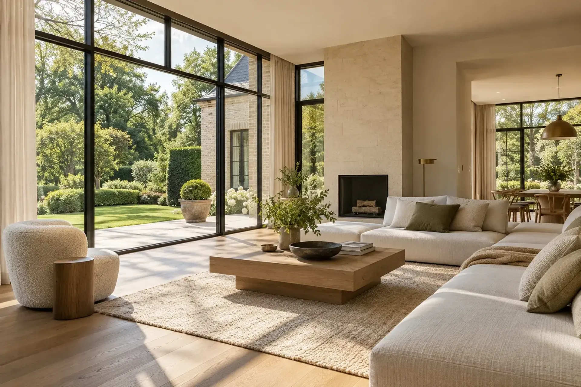 Vernieuwde villa-leefruimte met zicht op groene tuin, illustratief sfeerbeeld