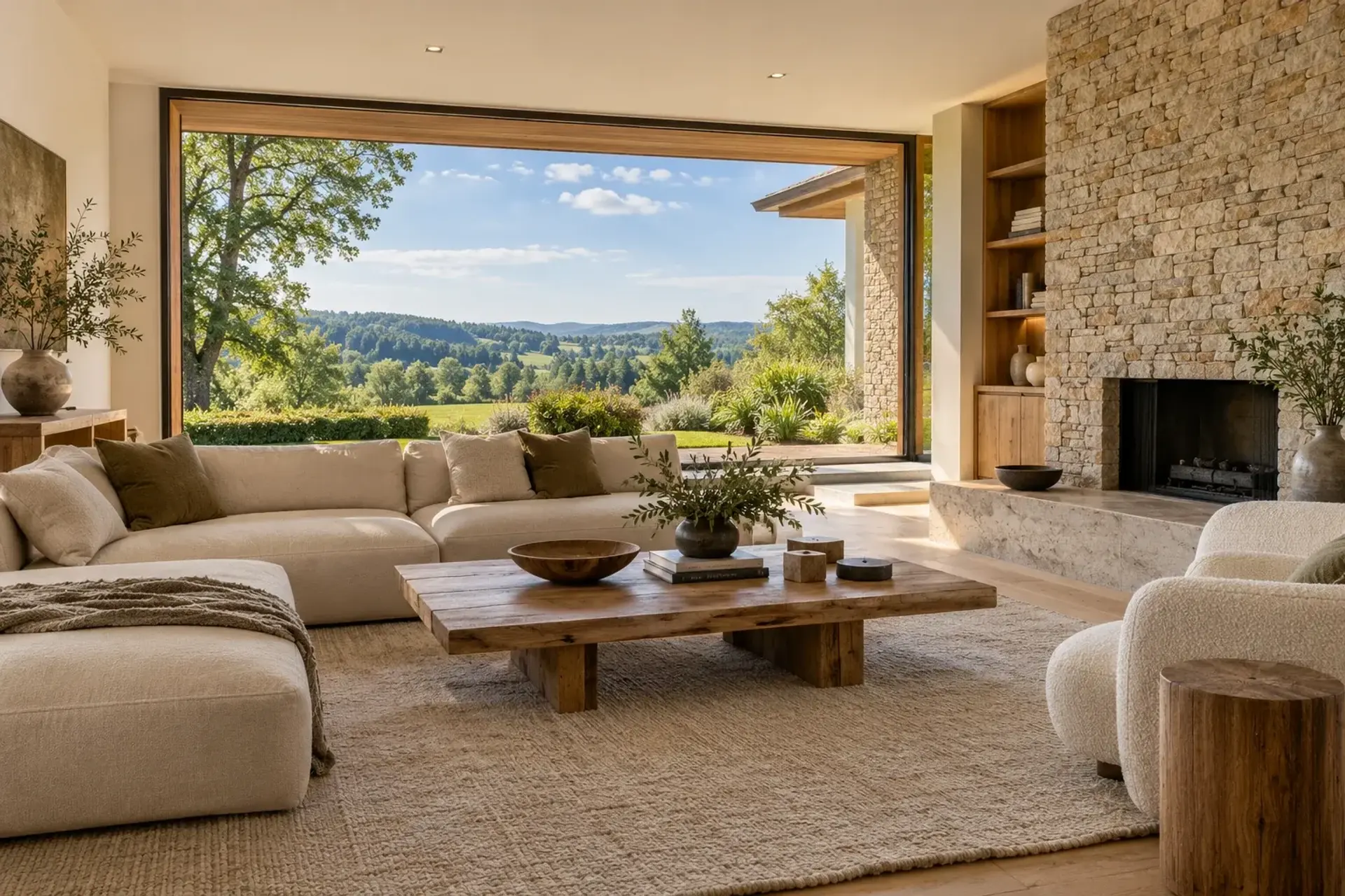 Lichte villa-interieur met uitzicht op groen heuvellandschap, illustratief sfeerbeeld