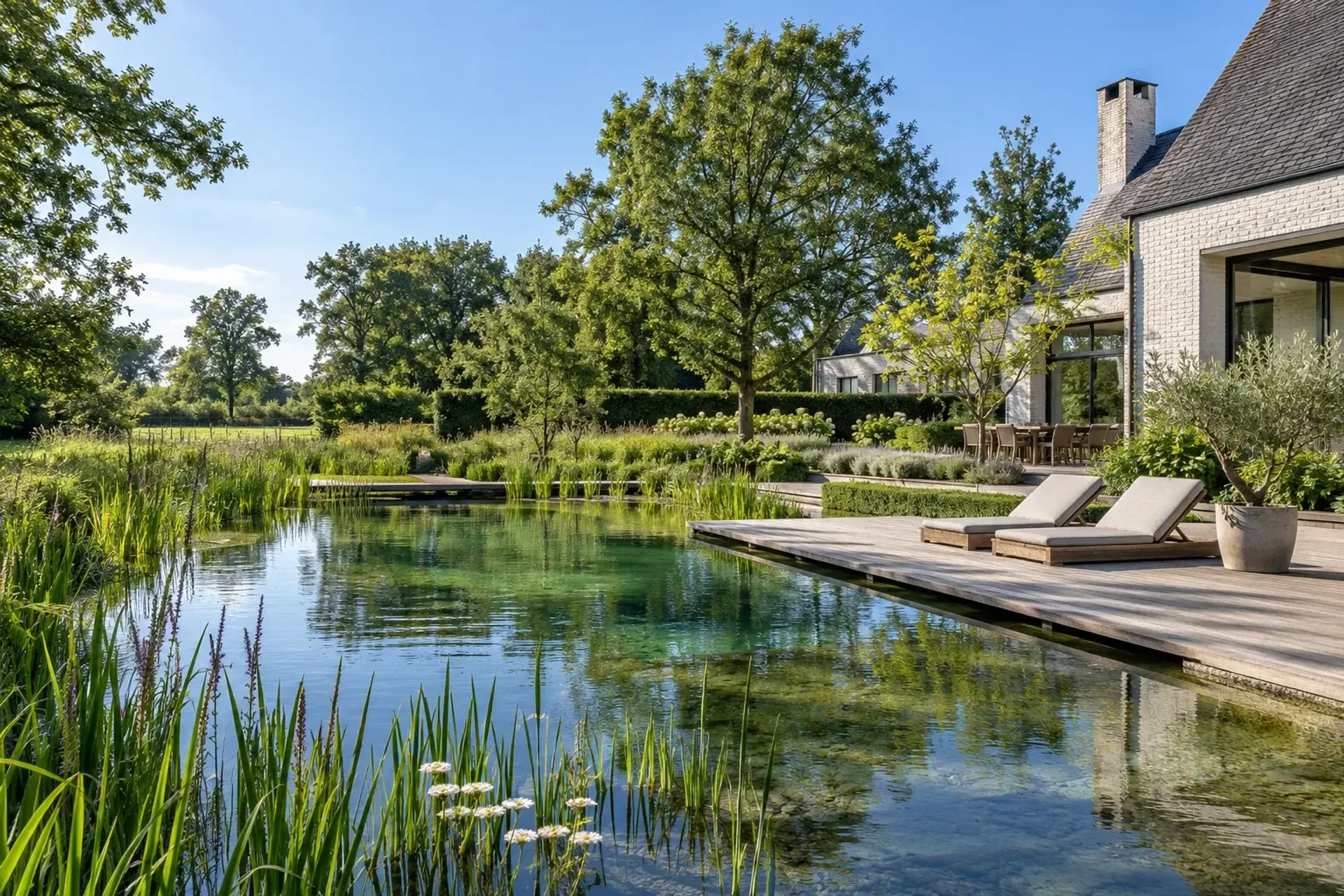 Natuurlijke zwemvijver bij een villa in groen landschap, illustratief sfeerbeeld