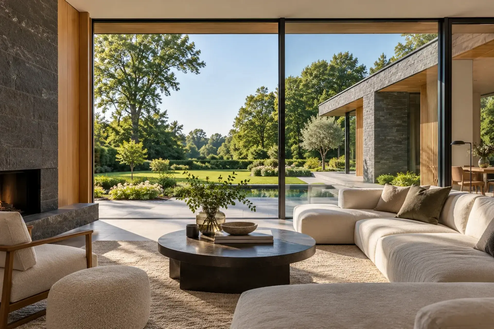 Villa-interieur met uitzicht op groene tuin, illustratief sfeerbeeld