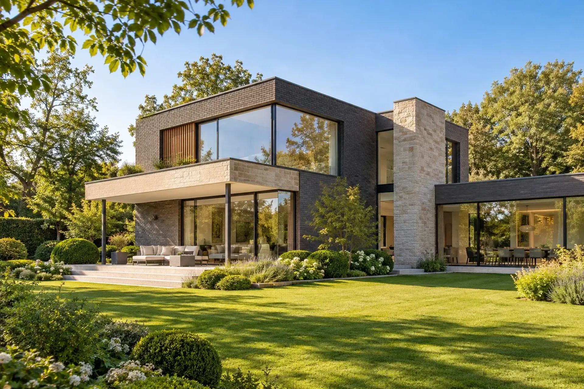 Hedendaagse villa in donkere steen en natuursteen, omringd door een groene tuin, illustratief sfeerbeeld