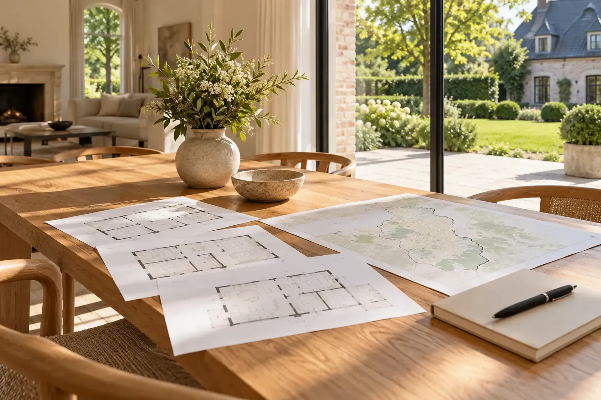 Plannen en regiokaart op een tafel bij een villa, illustratief sfeerbeeld