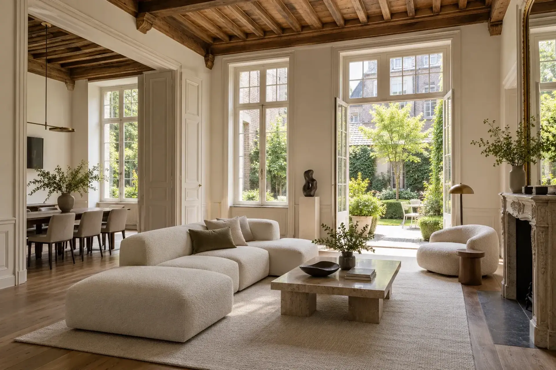 Gerestaureerd herenhuisinterieur met zicht op tuin, illustratief sfeerbeeld