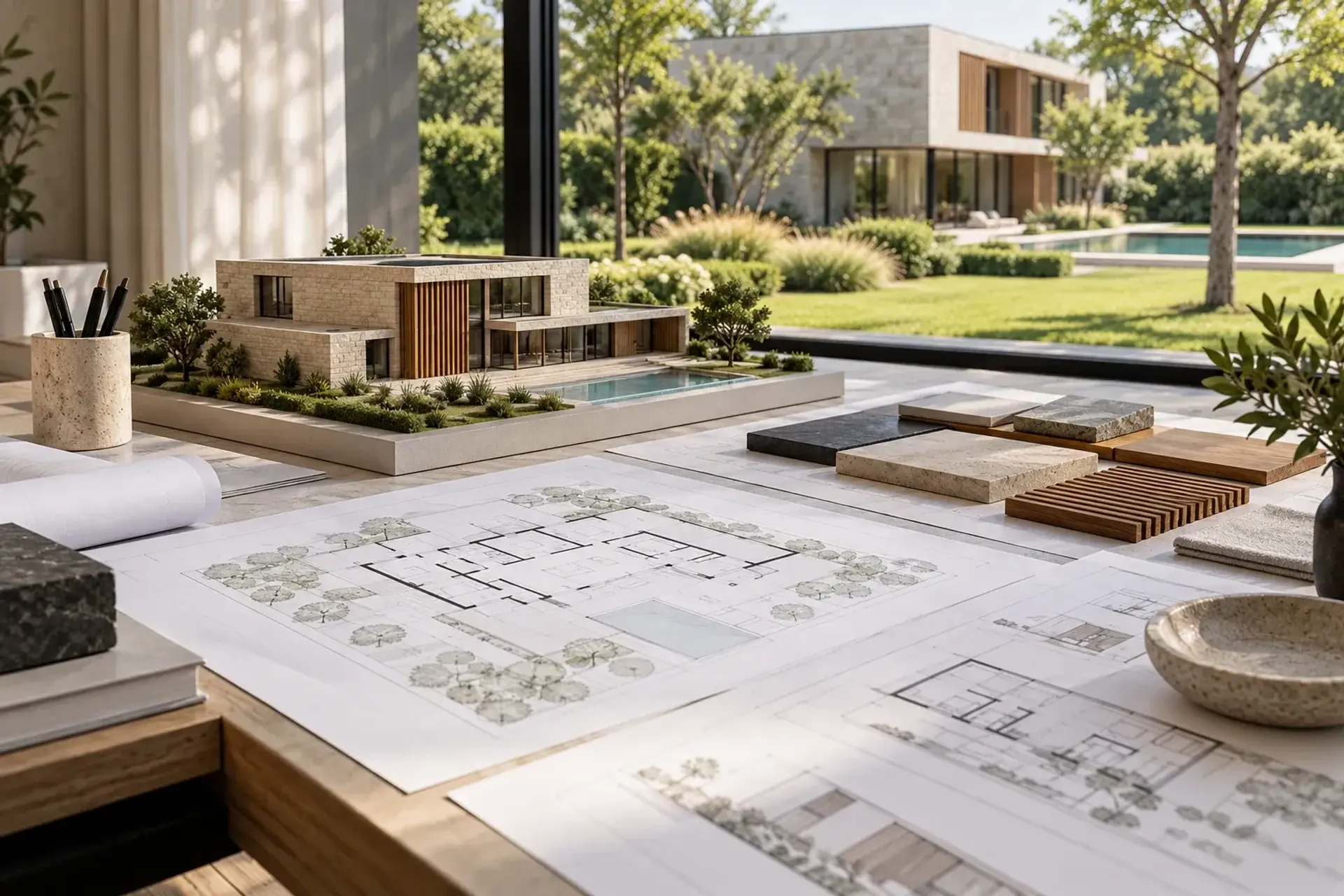 Architectuurplannen en model van villa op tafel, illustratief sfeerbeeld
