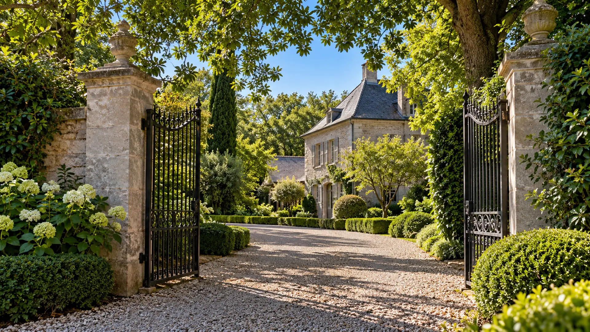 Beschutte oprijlaan naar een villa in het groen