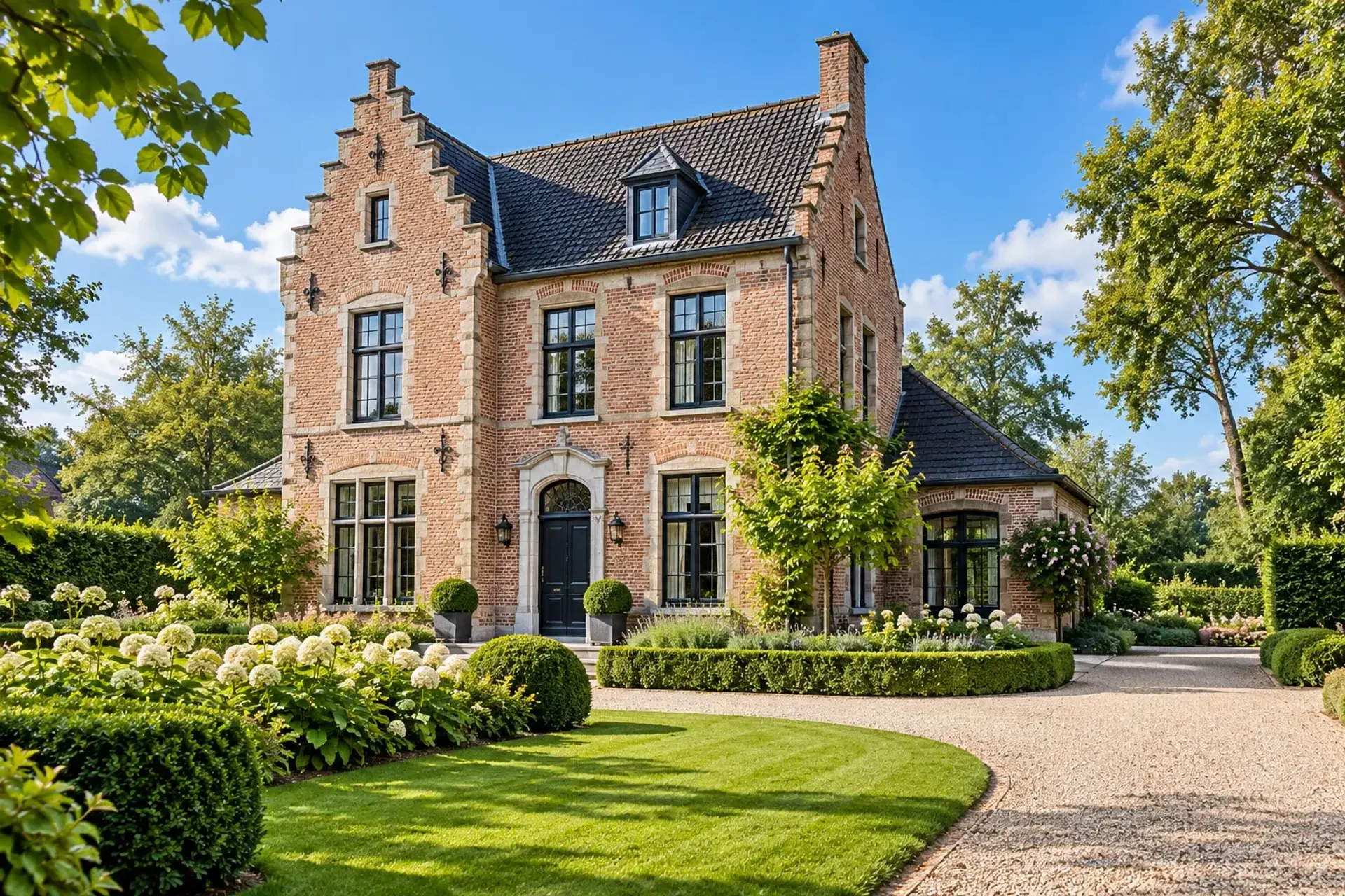 Karaktervolle bakstenen villa in zonnige tuin, illustratief erfgoedsfeerbeeld