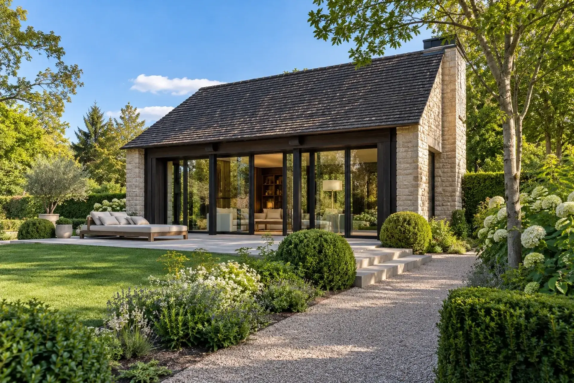 Stijlvol poolhouse in een groene tuin, illustratief sfeerbeeld