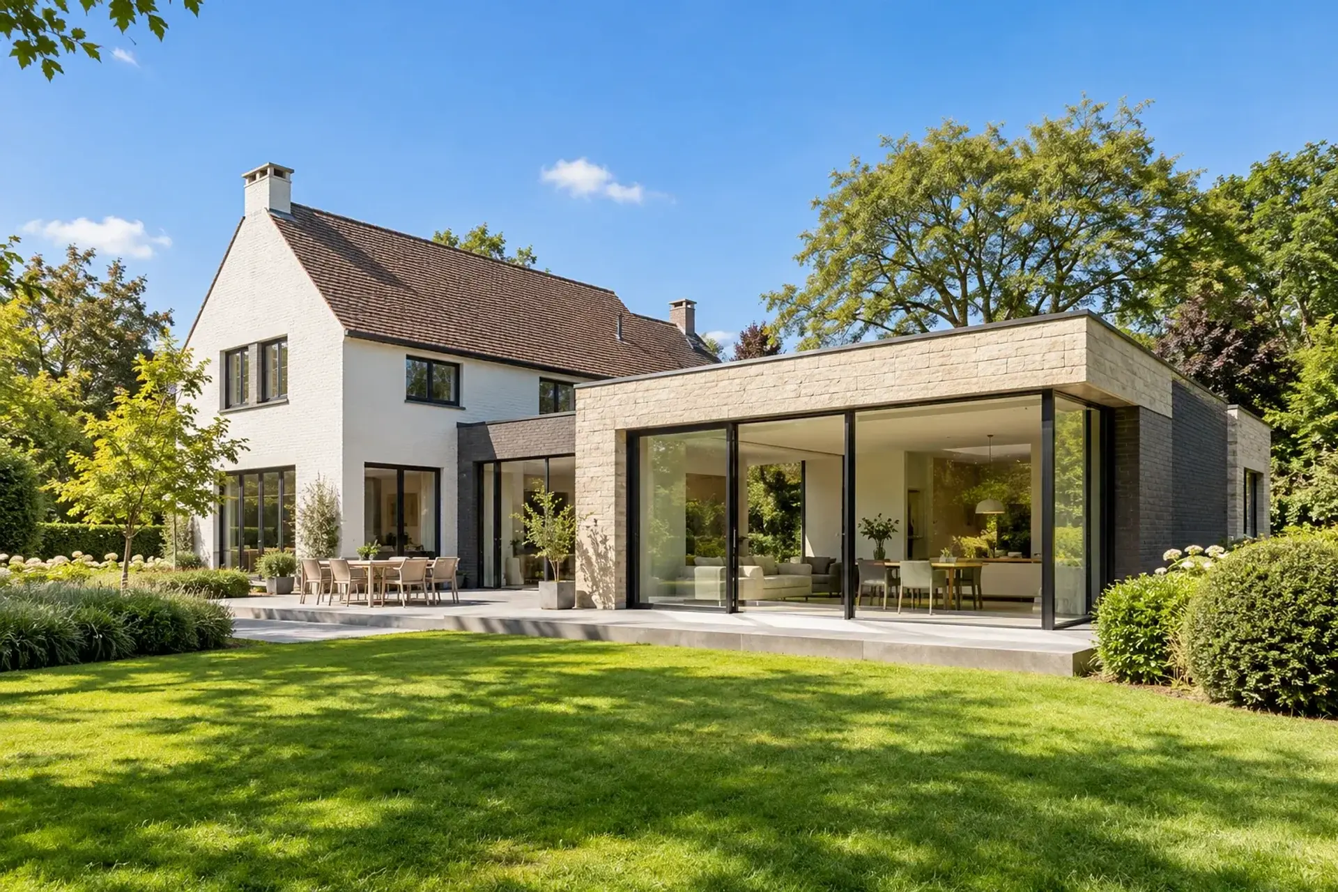 Villa met discrete hedendaagse uitbreiding in het groen, illustratief sfeerbeeld