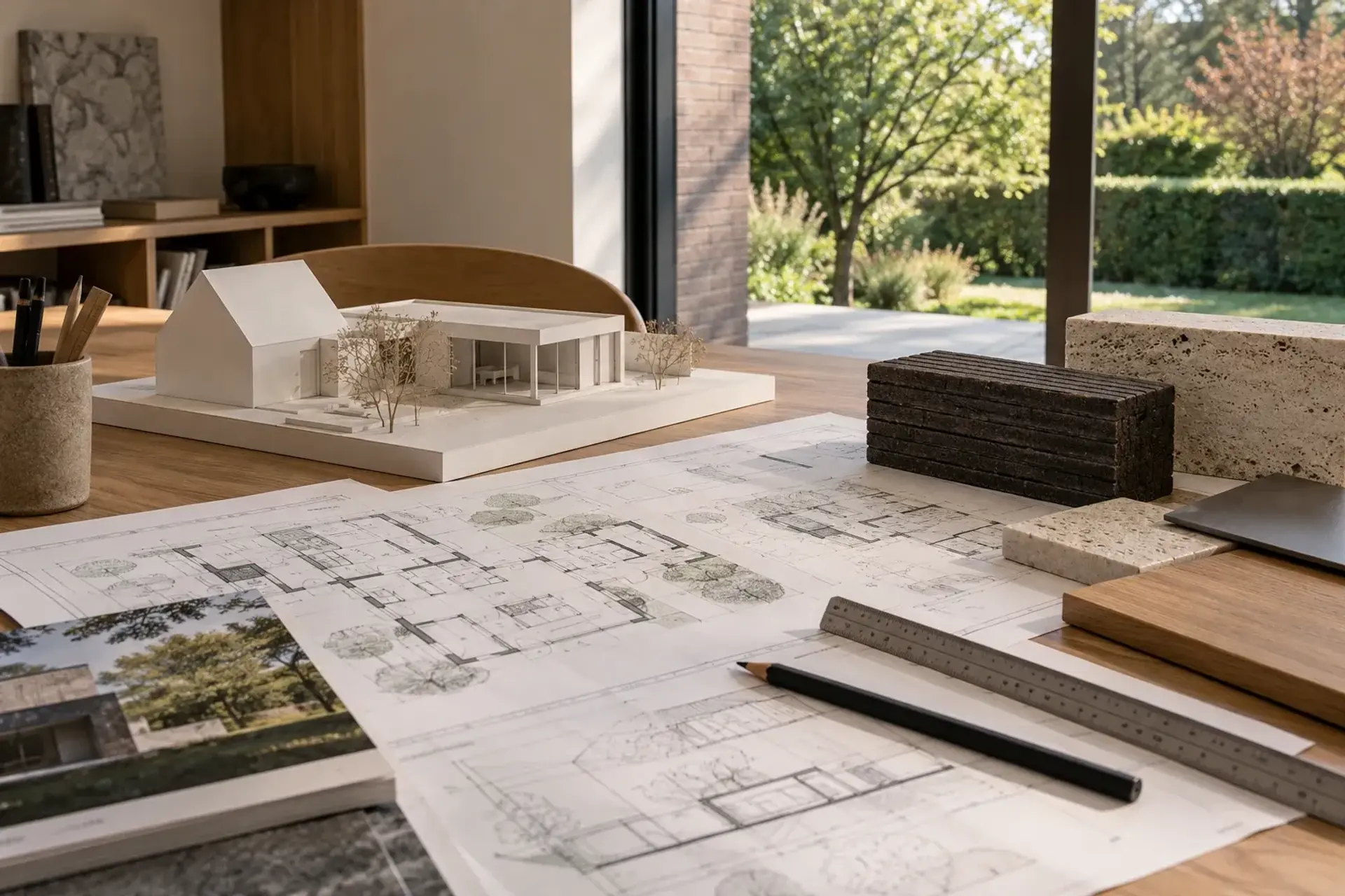 Maquette, plannen en materiaalstalen voor een villaverbouwing, illustratief sfeerbeeld