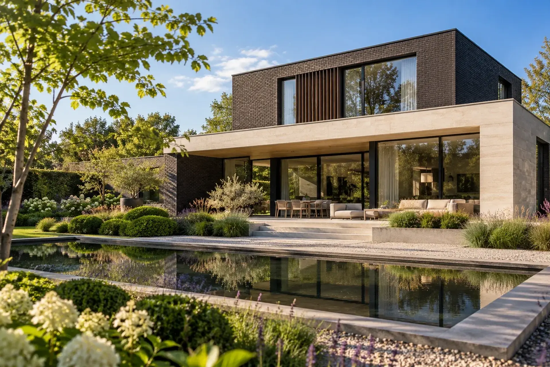 Moderne villa in donkere baksteen met weerspiegelend water en tuin