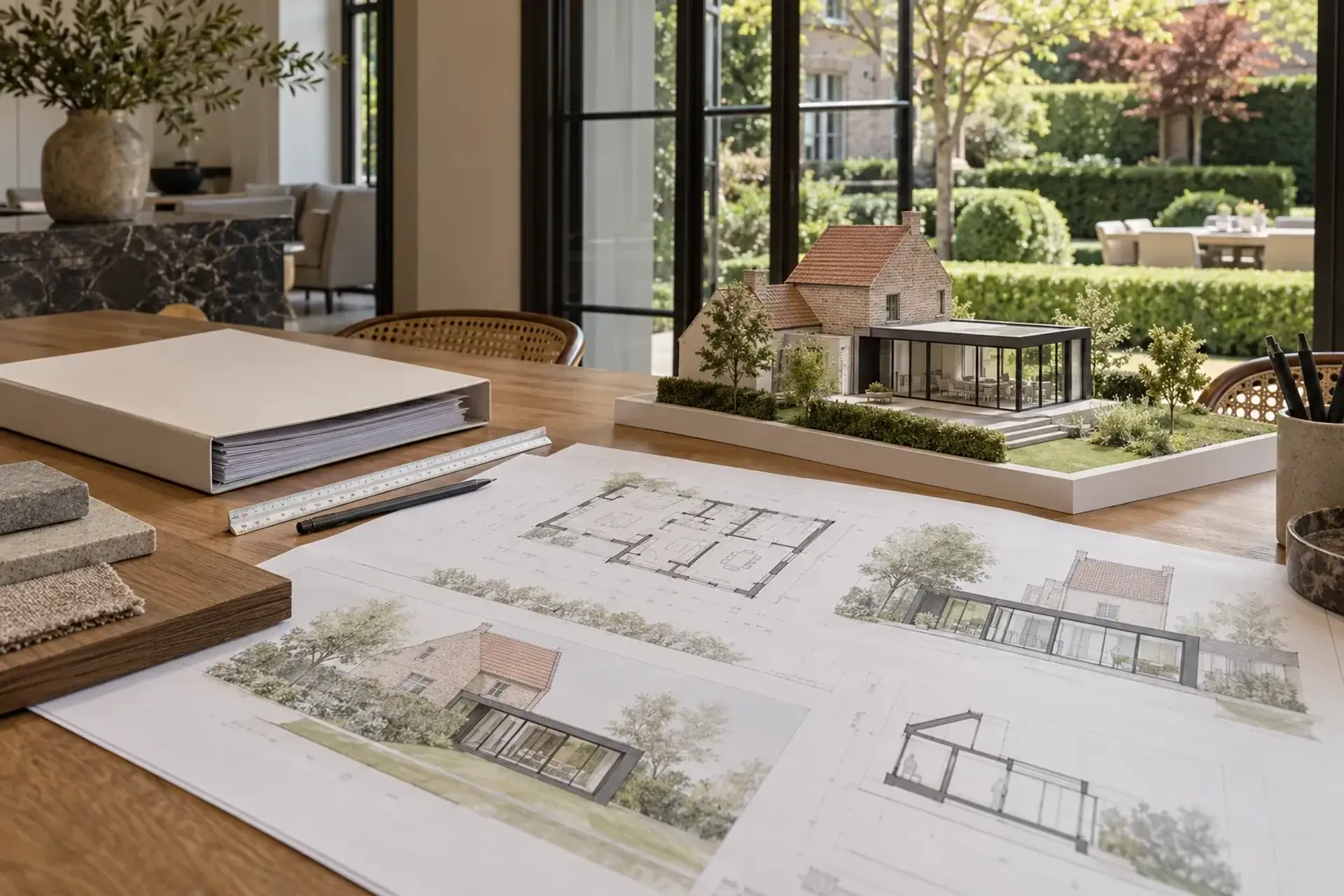 Architectuurplannen en model van een villa-uitbreiding, illustratief sfeerbeeld