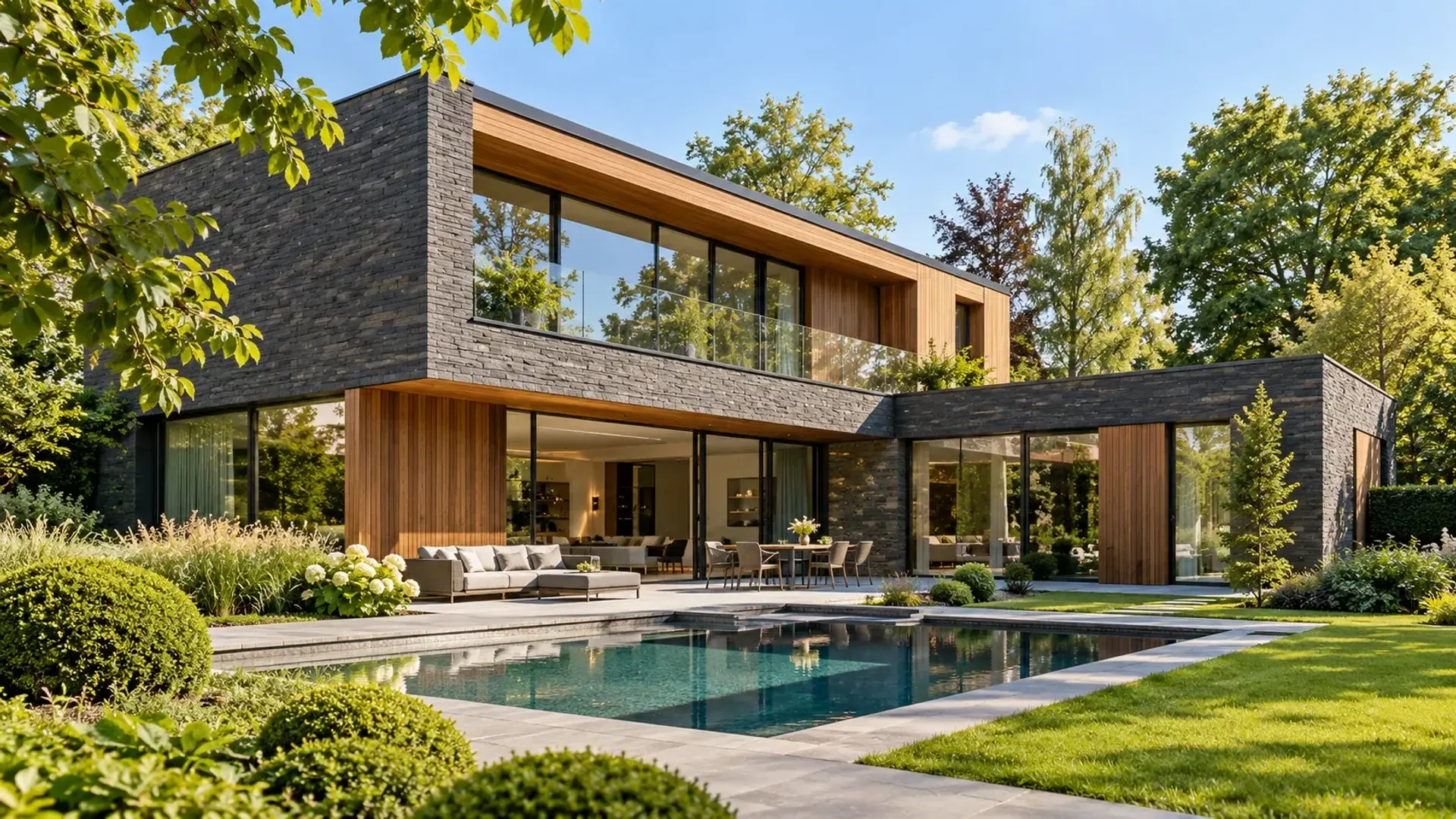 Moderne villa in donkere steen te midden van een groene tuin, illustratief sfeerbeeld