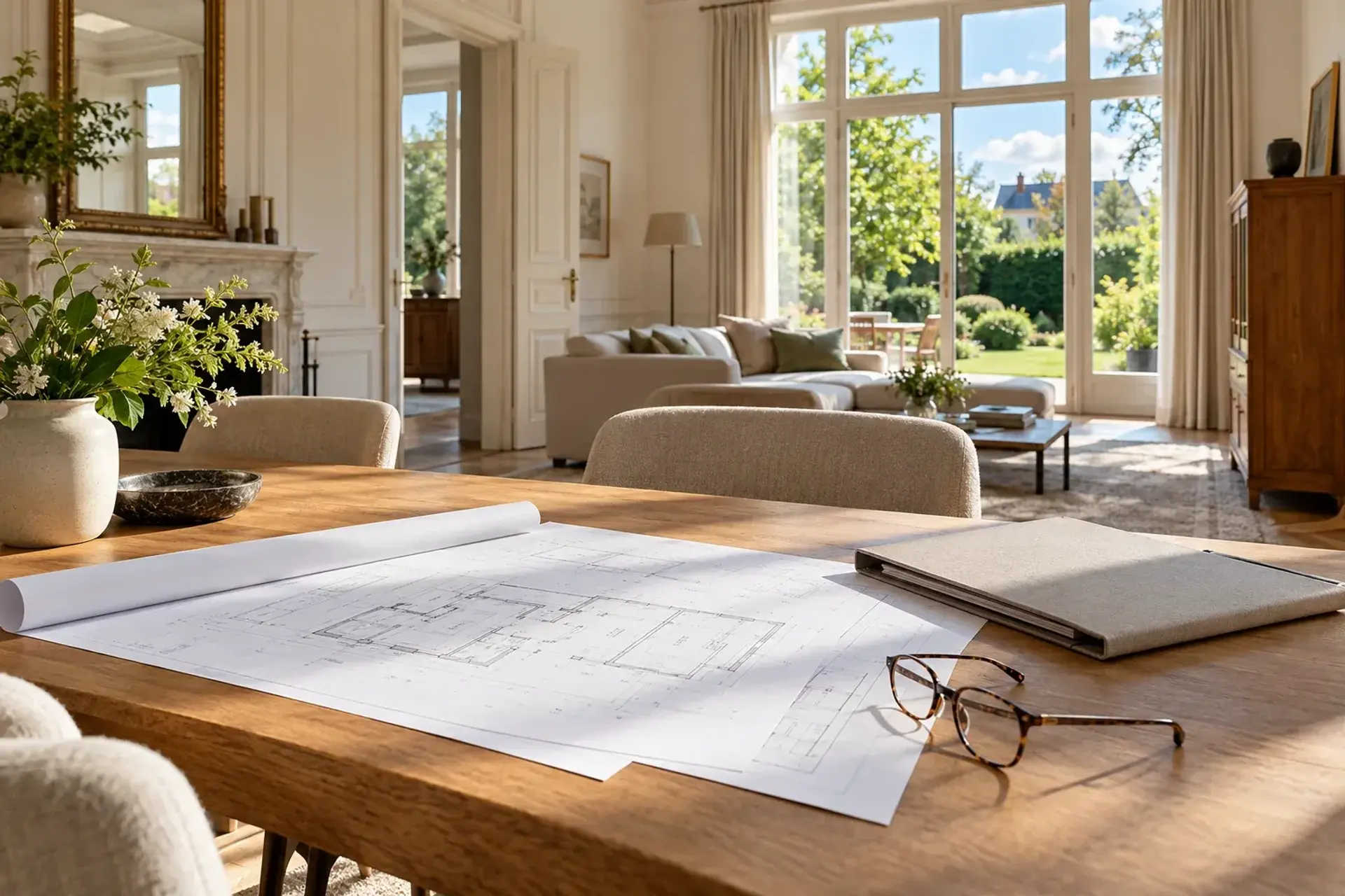 Bouwplannen op tafel in een karaktervolle villa, illustratief sfeerbeeld