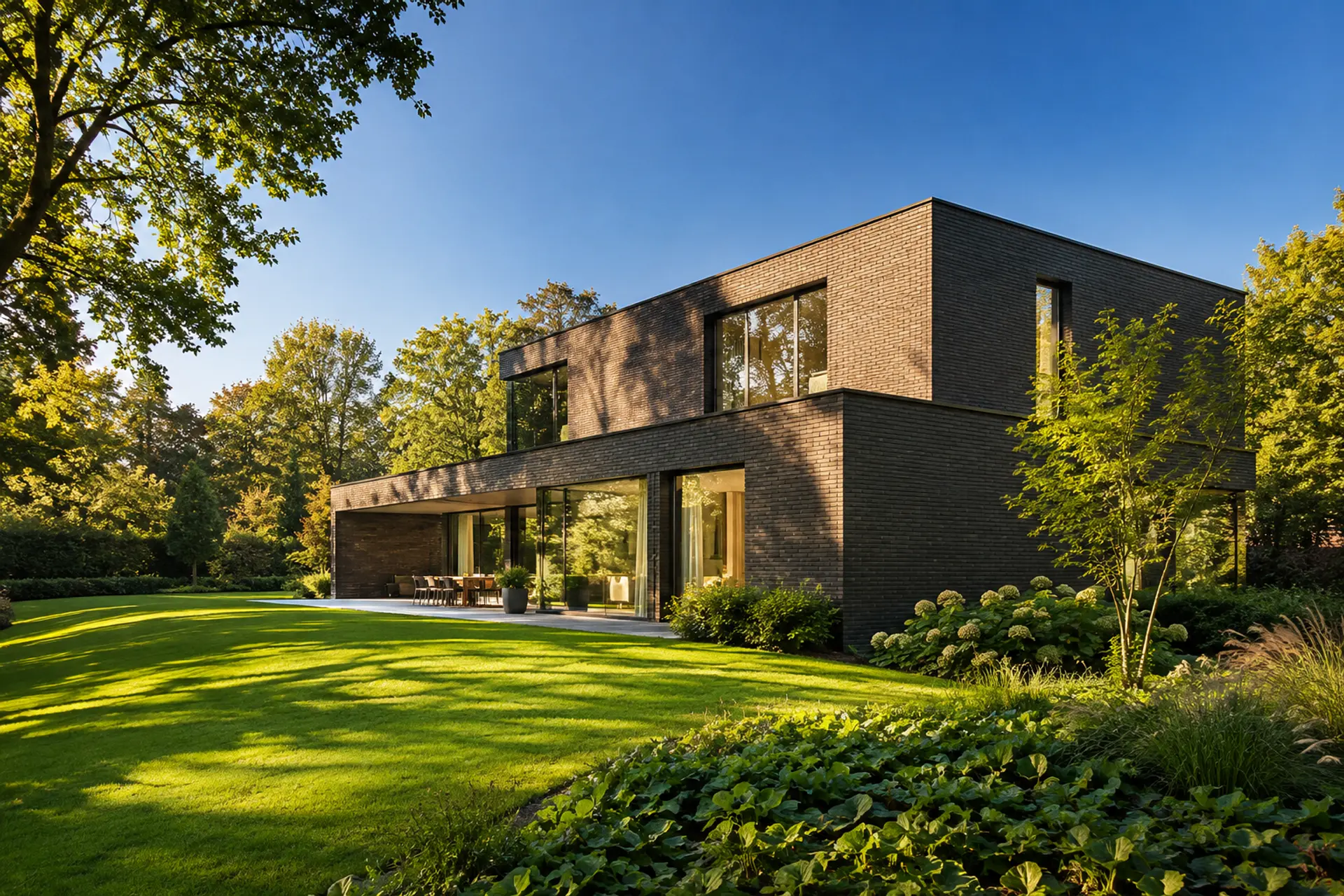 Moderne villa in donkere baksteen in een groene tuin