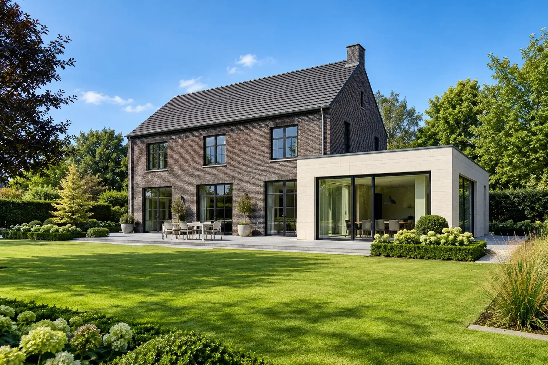 Villa in donkere baksteen met lichte hedendaagse uitbreiding, illustratief sfeerbeeld