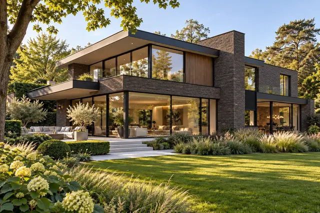 Hedendaagse villa in donkere baksteen met grote glaspartijen en groene tuin