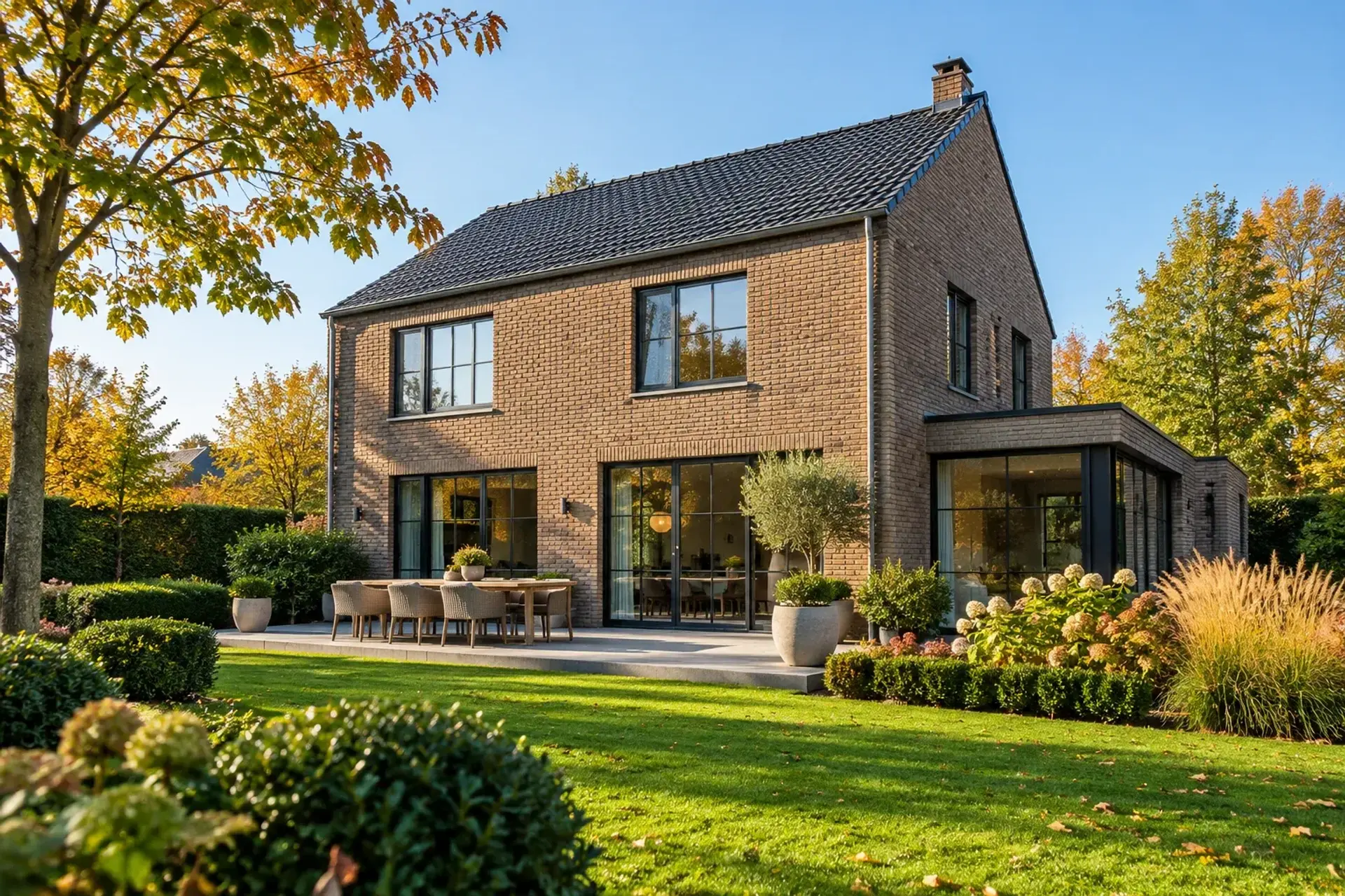 Moderne villa in donkere baksteen met groene tuin, illustratief sfeerbeeld
