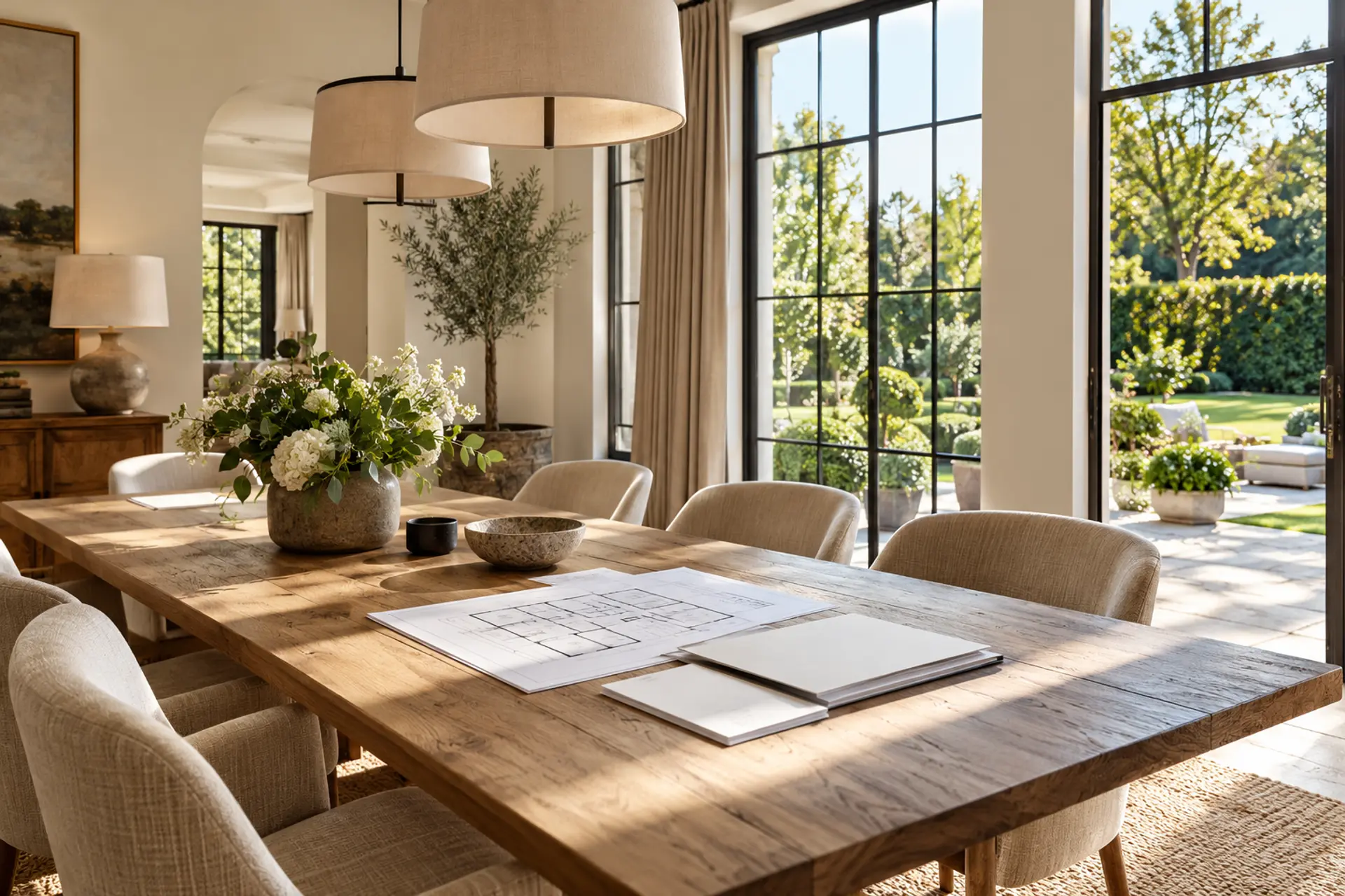 Licht interieur van een villa met vastgoeddocumenten op tafel