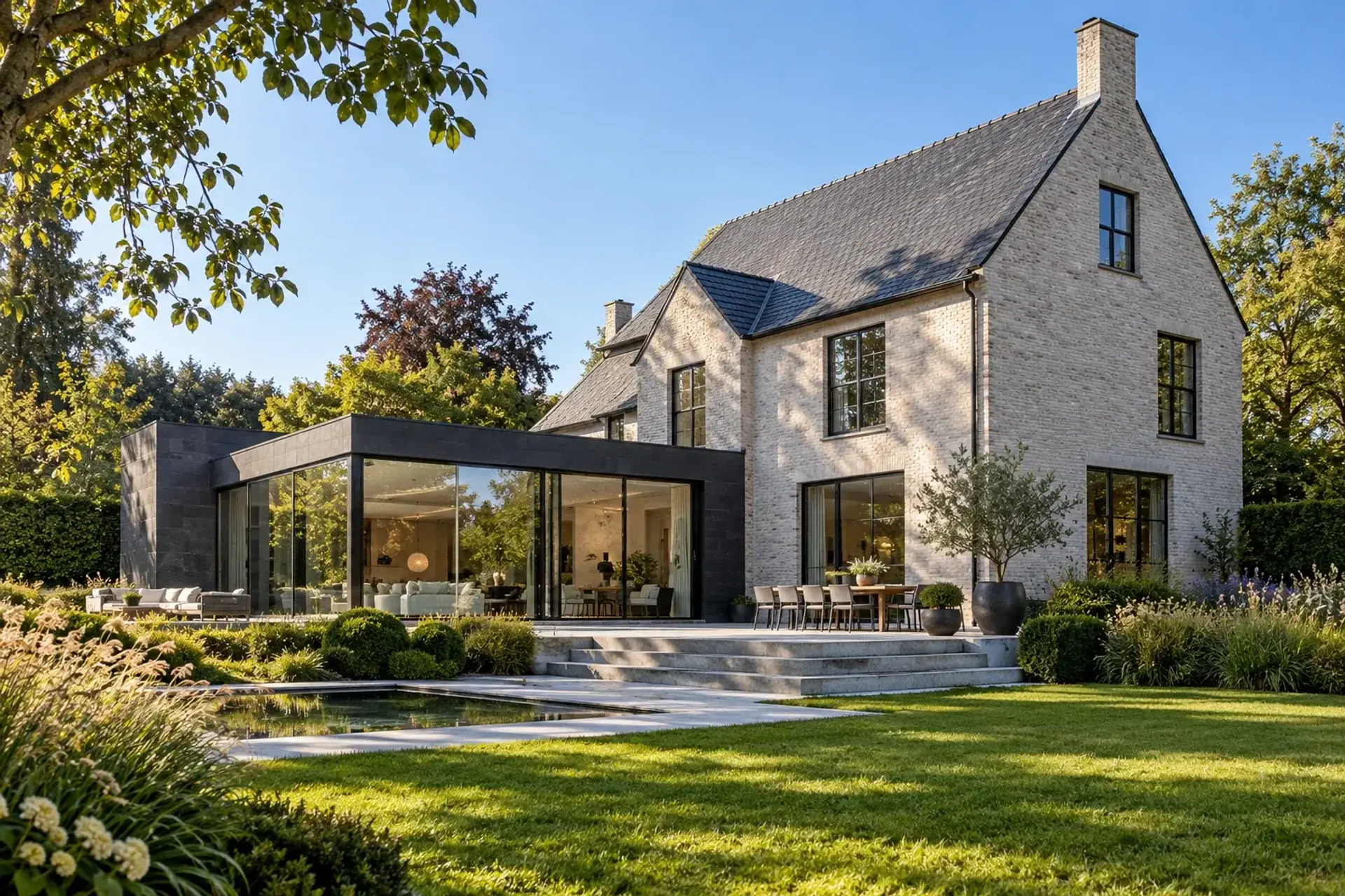 Villa met hedendaagse glazen uitbreiding in groene tuin, illustratief sfeerbeeld