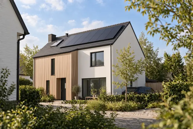 Een foto van een modern Belgisch huis in een woonwijk