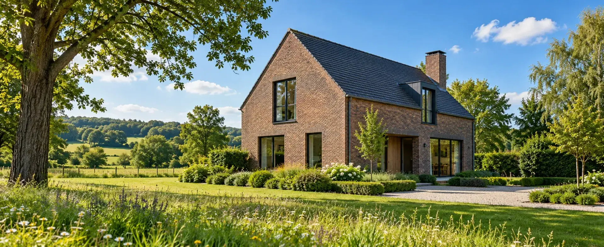 Illustratieve hedendaagse landelijke woning in groen; geen aangeboden eigendom