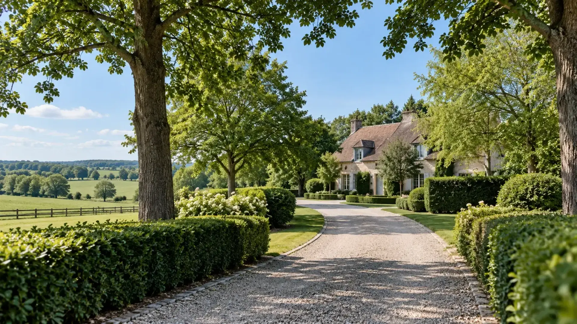 Karaktervol landhuis met oprijlaan in een groen landschap