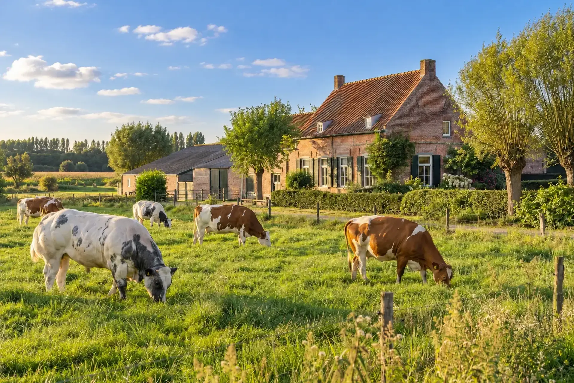 Vlaamse hoeve met koeien in een zonnige weide