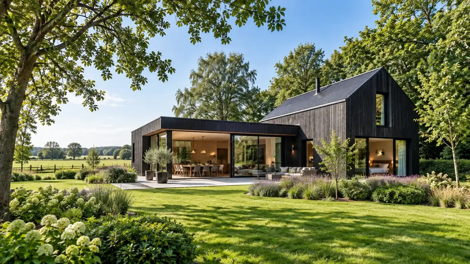 Moderne landelijke villa met donkere houtgevel en grote glaspartijen