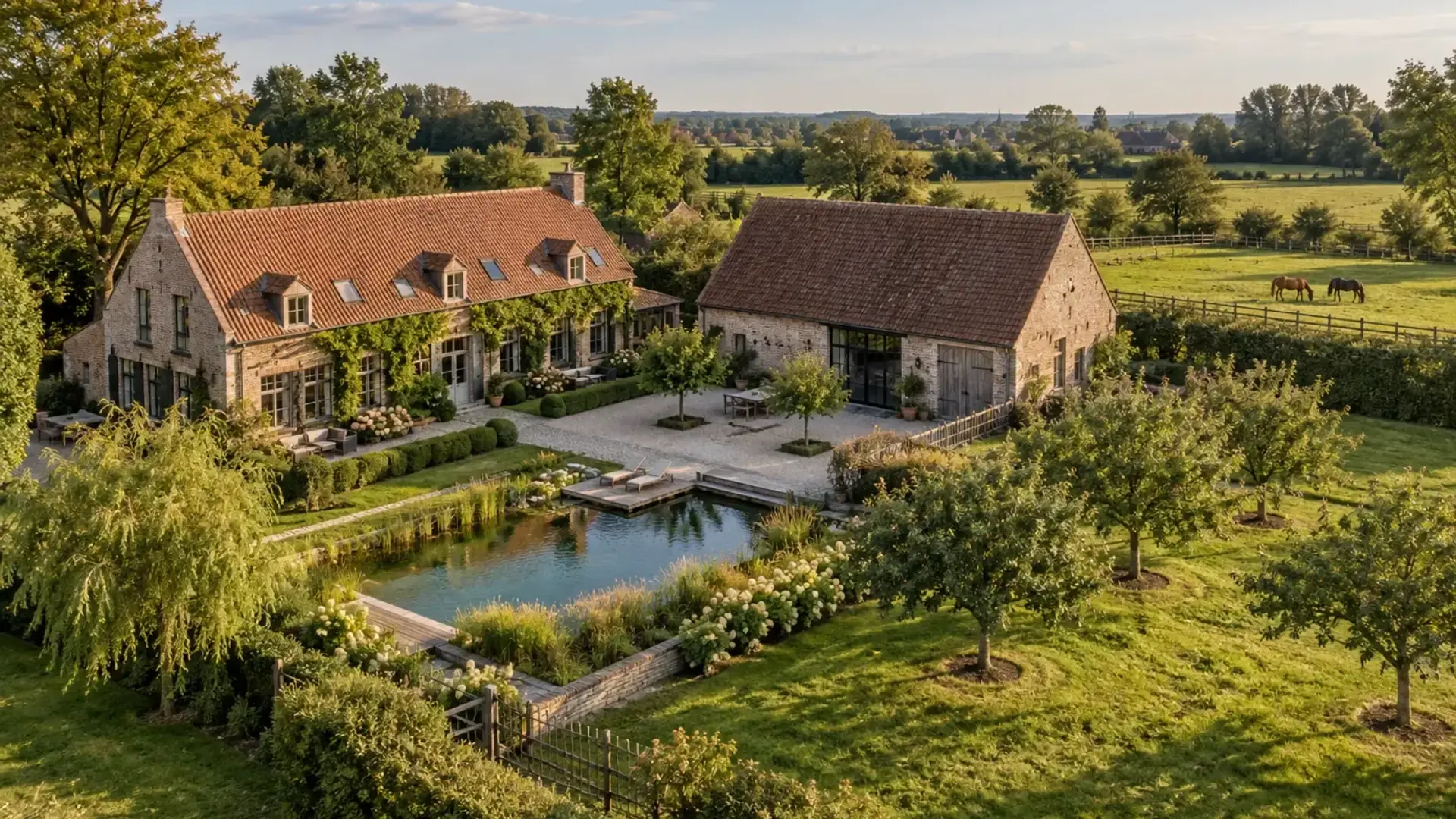 Landelijk domein met hoeve, tuin, vijver en paardenweide