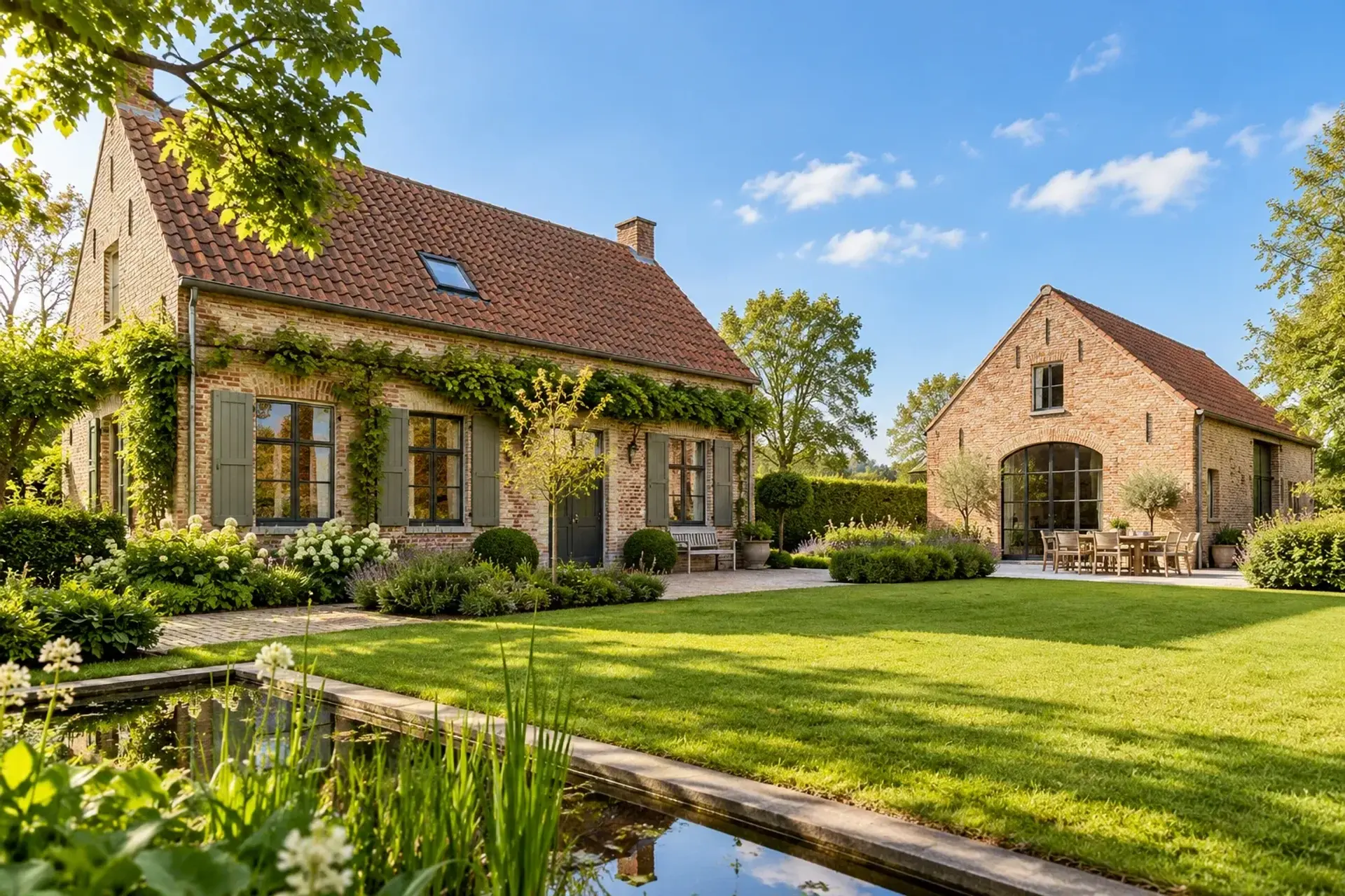 Illustratieve hoeve met zorgvuldig gerestaureerde gevel in groen landschap; geen aangeboden eigendom
