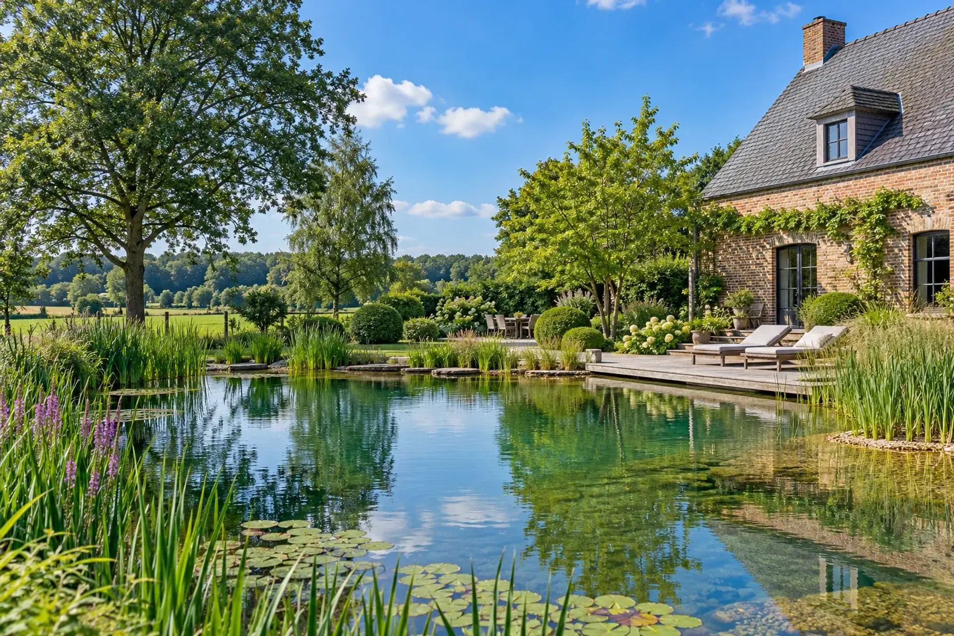 Landhuis met natuurlijke zwemvijver in een groene tuin; illustratief sfeerbeeld