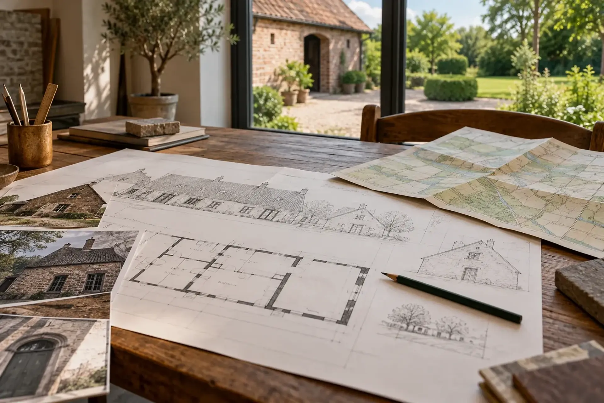Bouwplannen en oude documenten bij een landelijke eigendom; illustratief sfeerbeeld