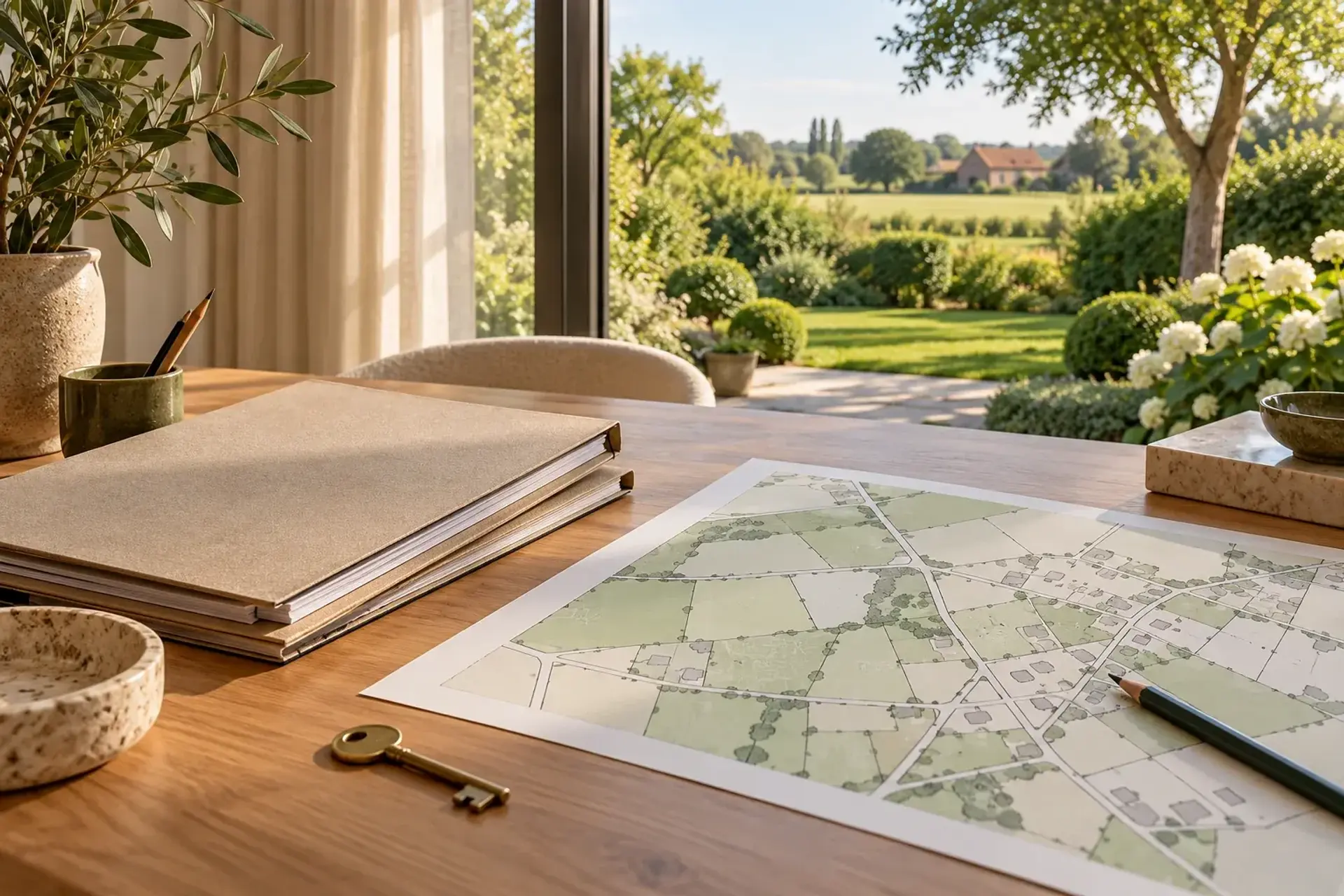 Illustratief verkoopdossier met perceelplan en sleutel; geen officieel document