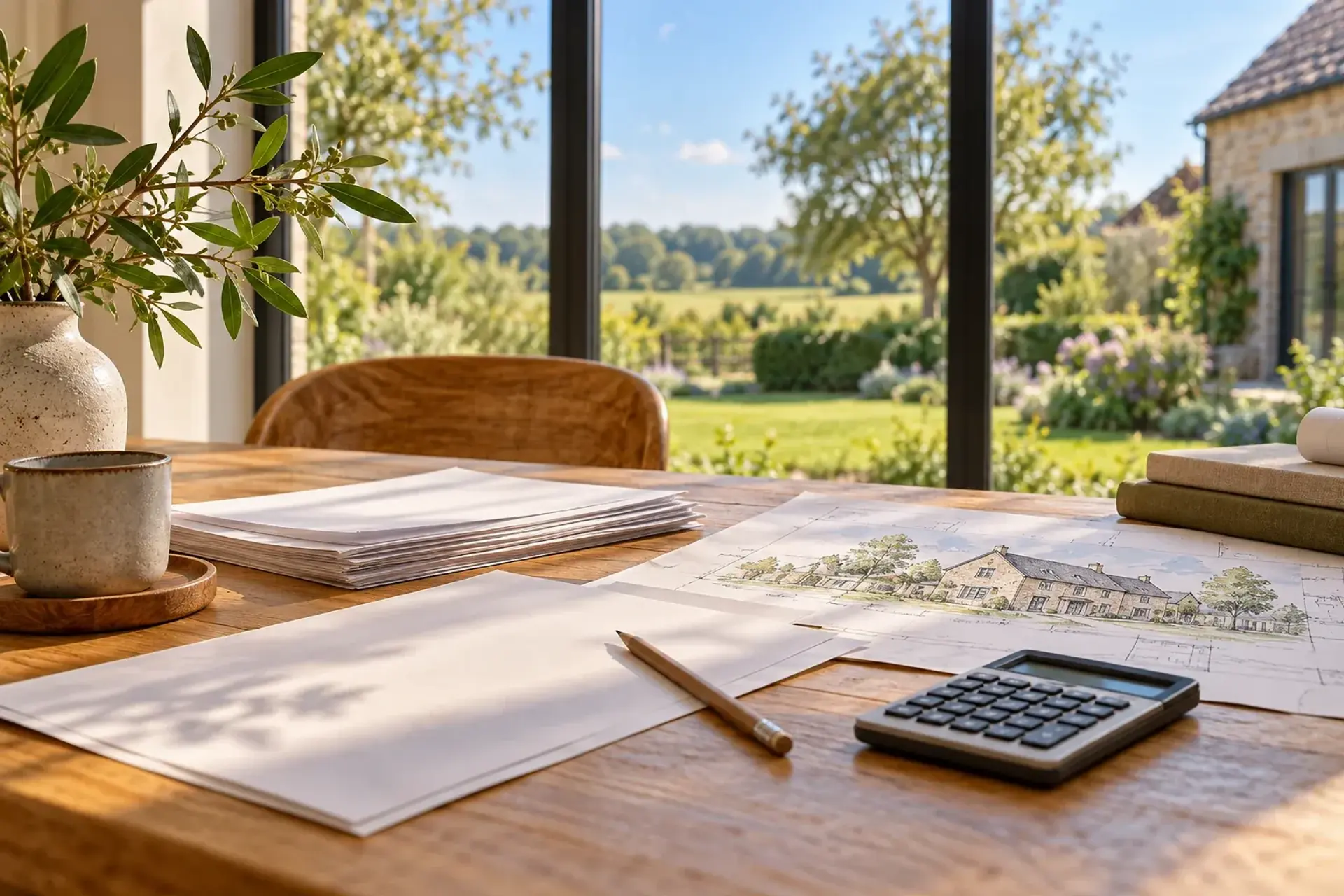 Illustratieve financieringspapieren en rekenmachine bij een landhuis; geen bankdocument