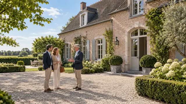 Illustratieve scène van een persoonlijk bezoek aan een landhuis met eigenaar en adviseur.