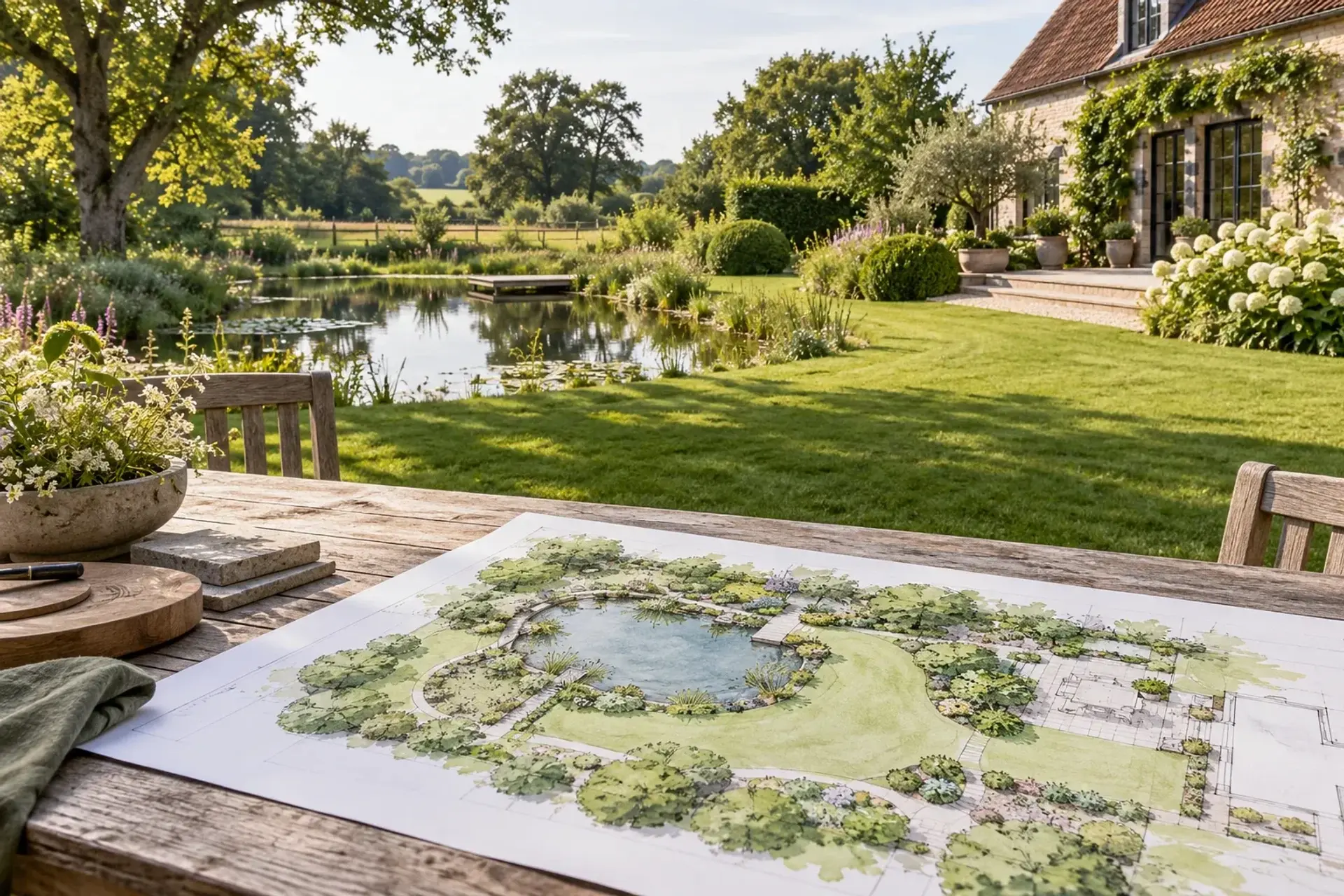 Tuinplan met zwemvijver en bestaande verharding; illustratief sfeerbeeld