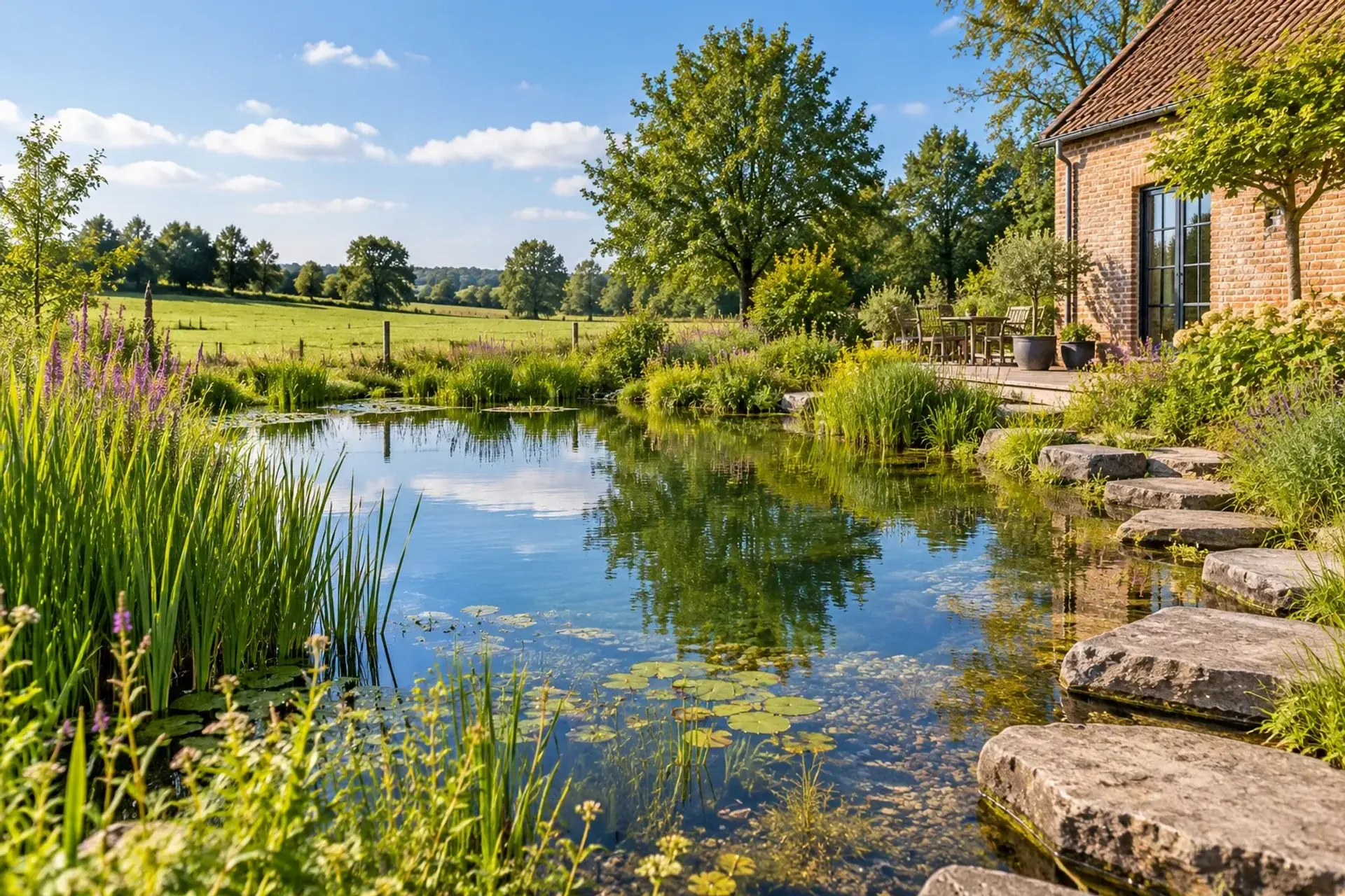 Natuurlijke oever van een zwemvijver bij een landhuis; illustratief sfeerbeeld