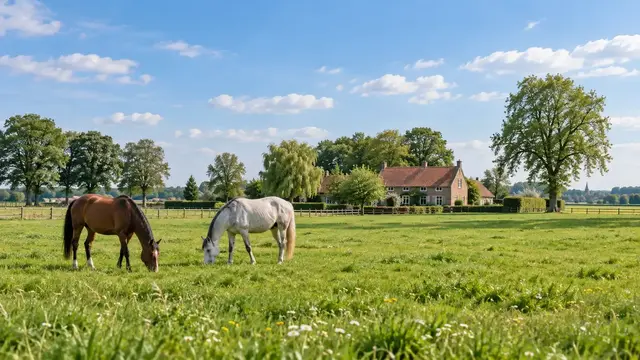 Paarden in een open weide bij een karaktervolle landelijke hoeve