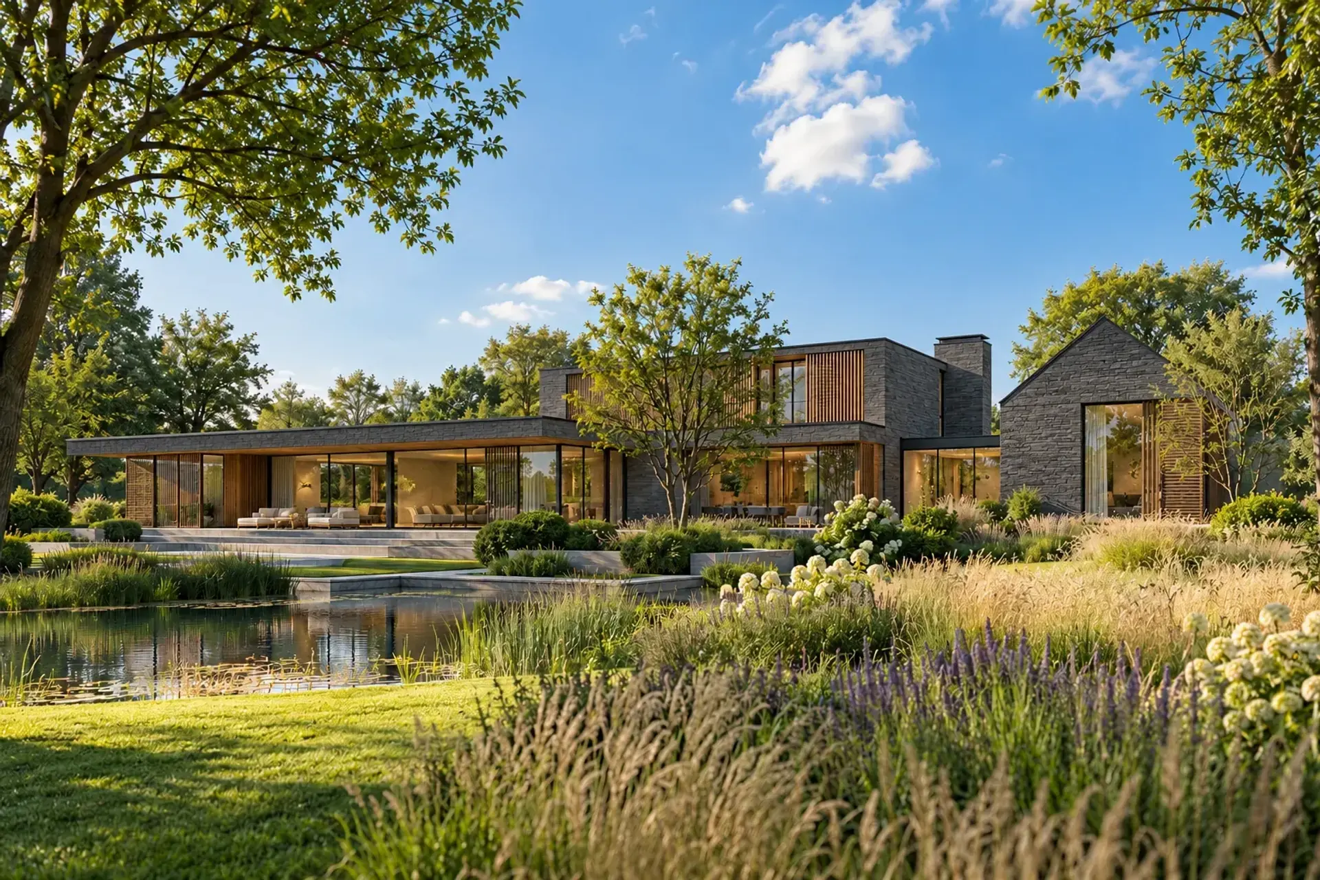 Illustratieve moderne villa in donkere steen, omgeven door groen; geen aangeboden eigendom