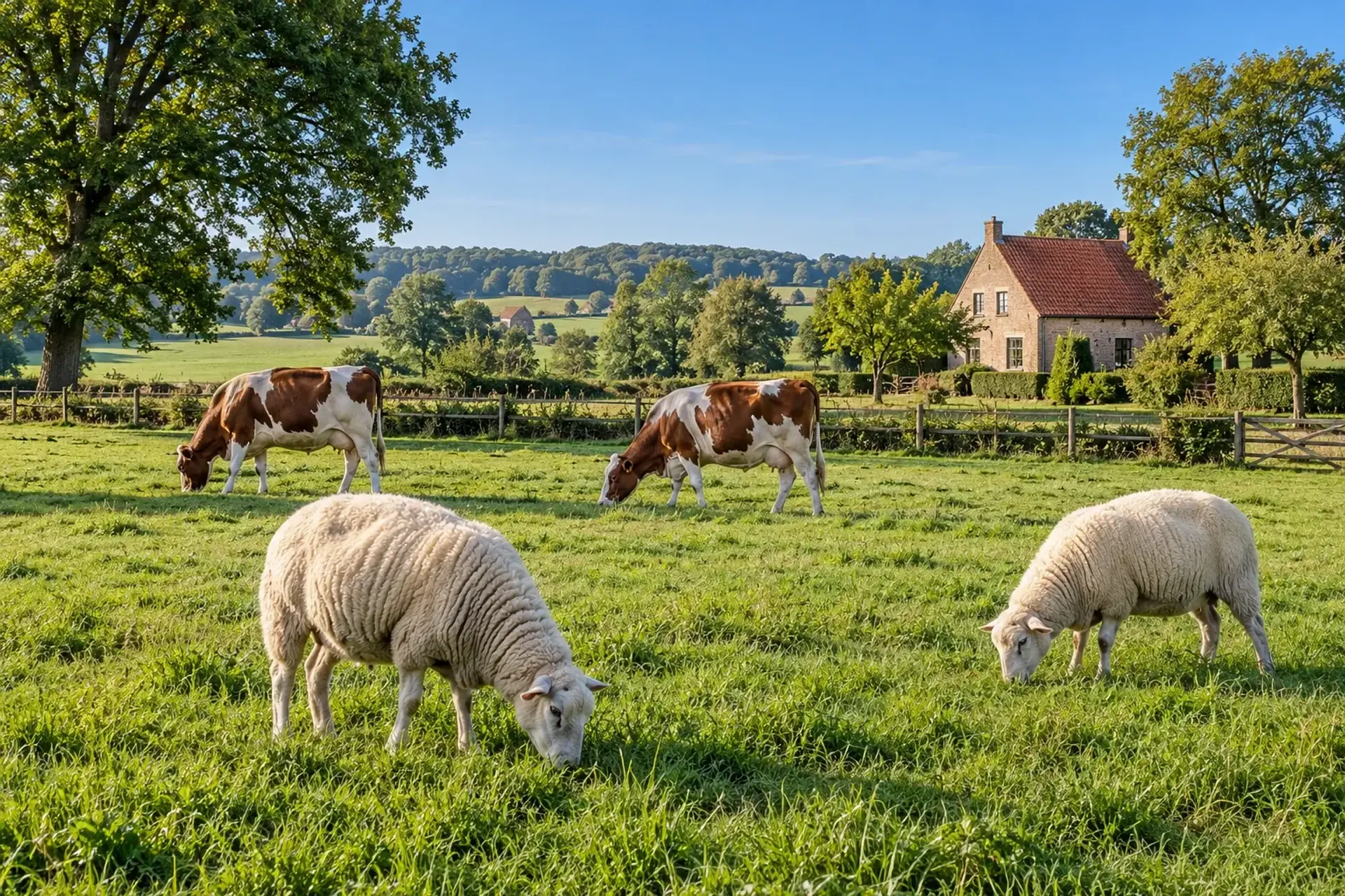 Scherpe illustratieve foto van twee schapen en twee koeien in een groene weide bij een landhuis